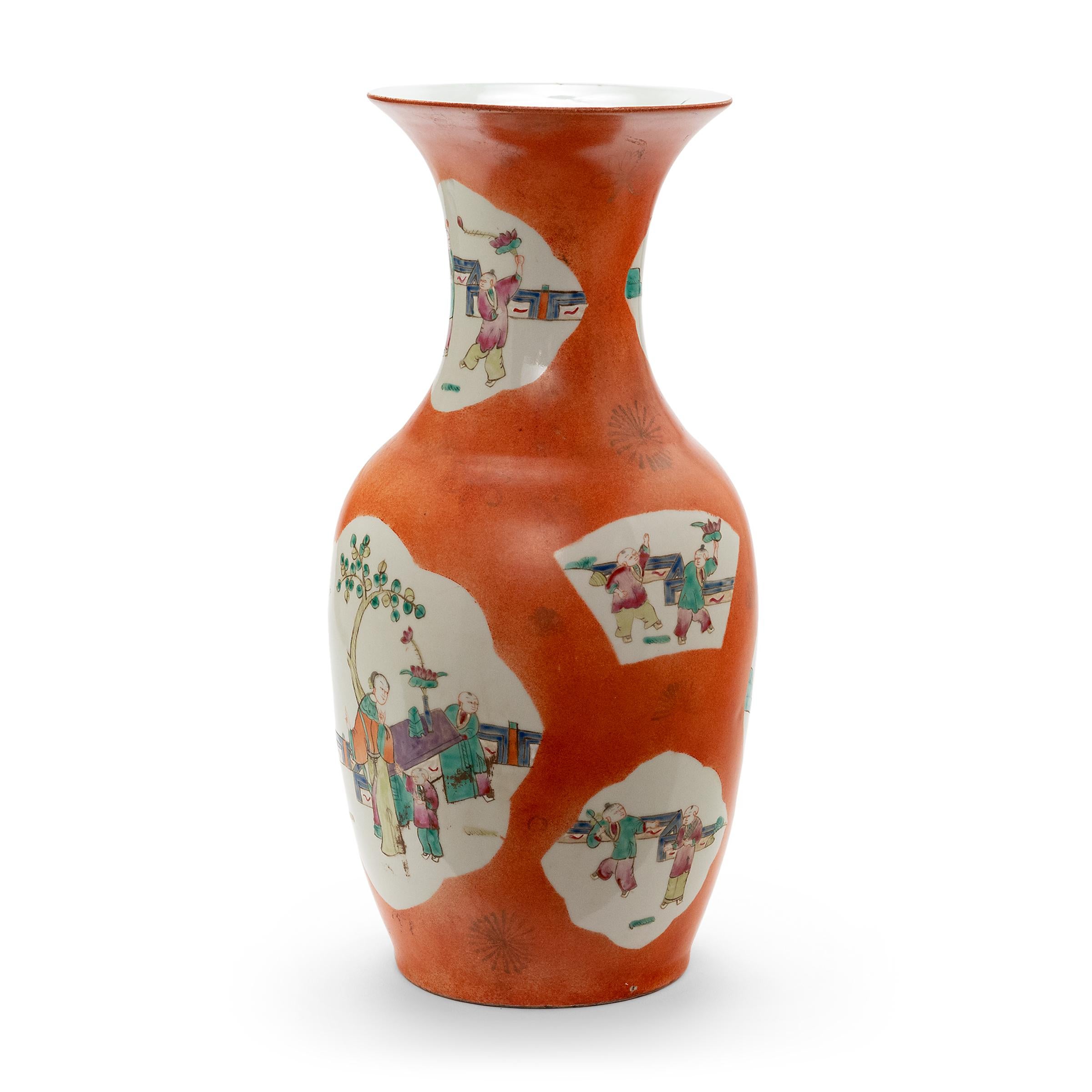 Chinese Export Persimmon Chinese Phoenix Tail Vase with Children at Play, c. 1920