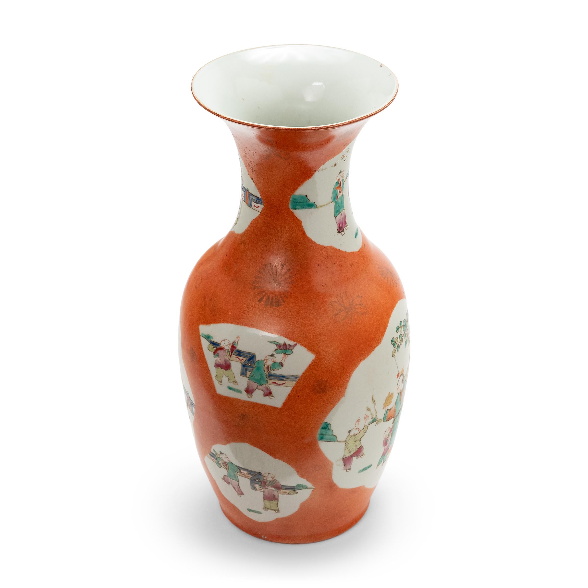 Glazed Persimmon Chinese Phoenix Tail Vase with Children at Play, c. 1920