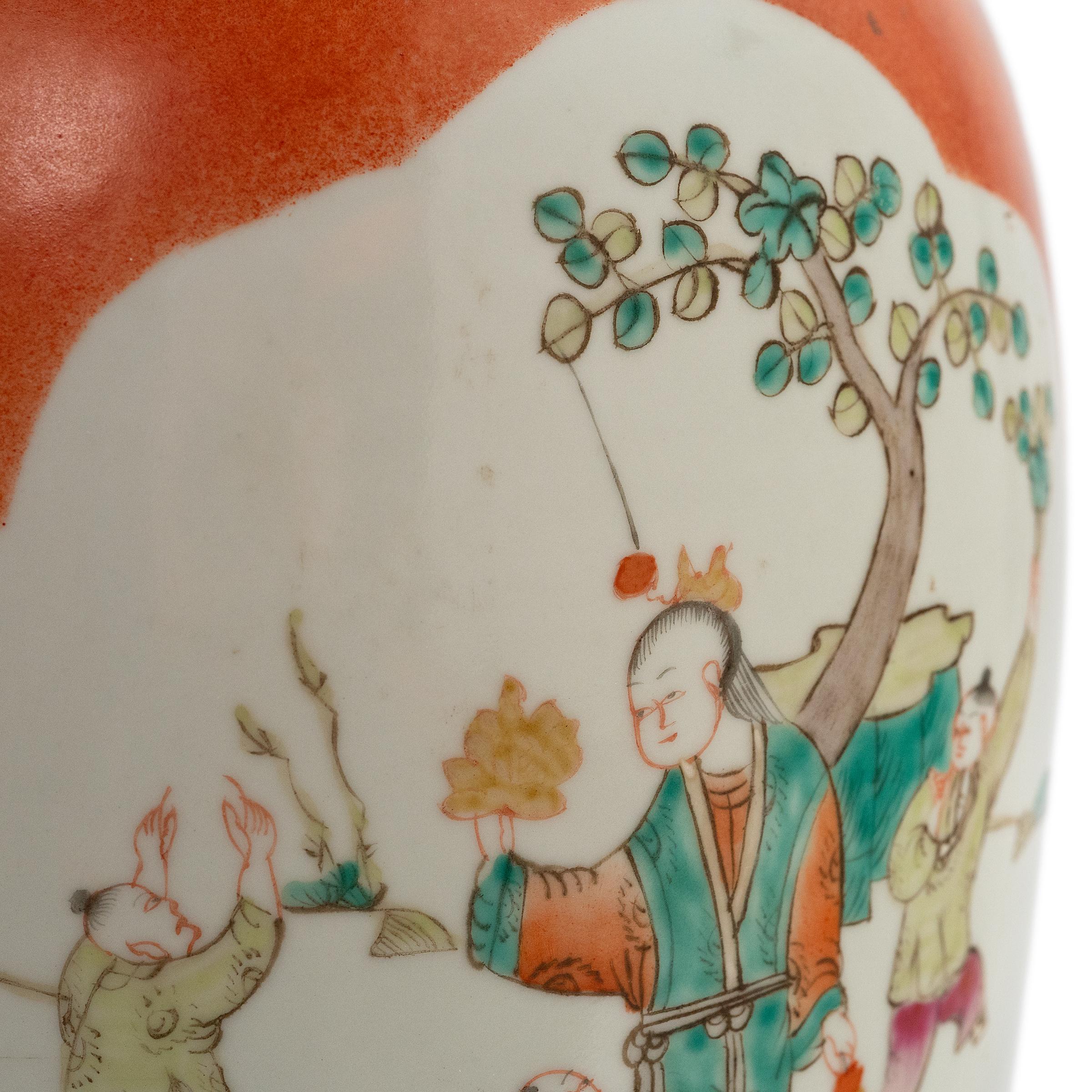 Persimmon Chinese Phoenix Tail Vase with Children at Play, c. 1920 In Good Condition In Chicago, IL