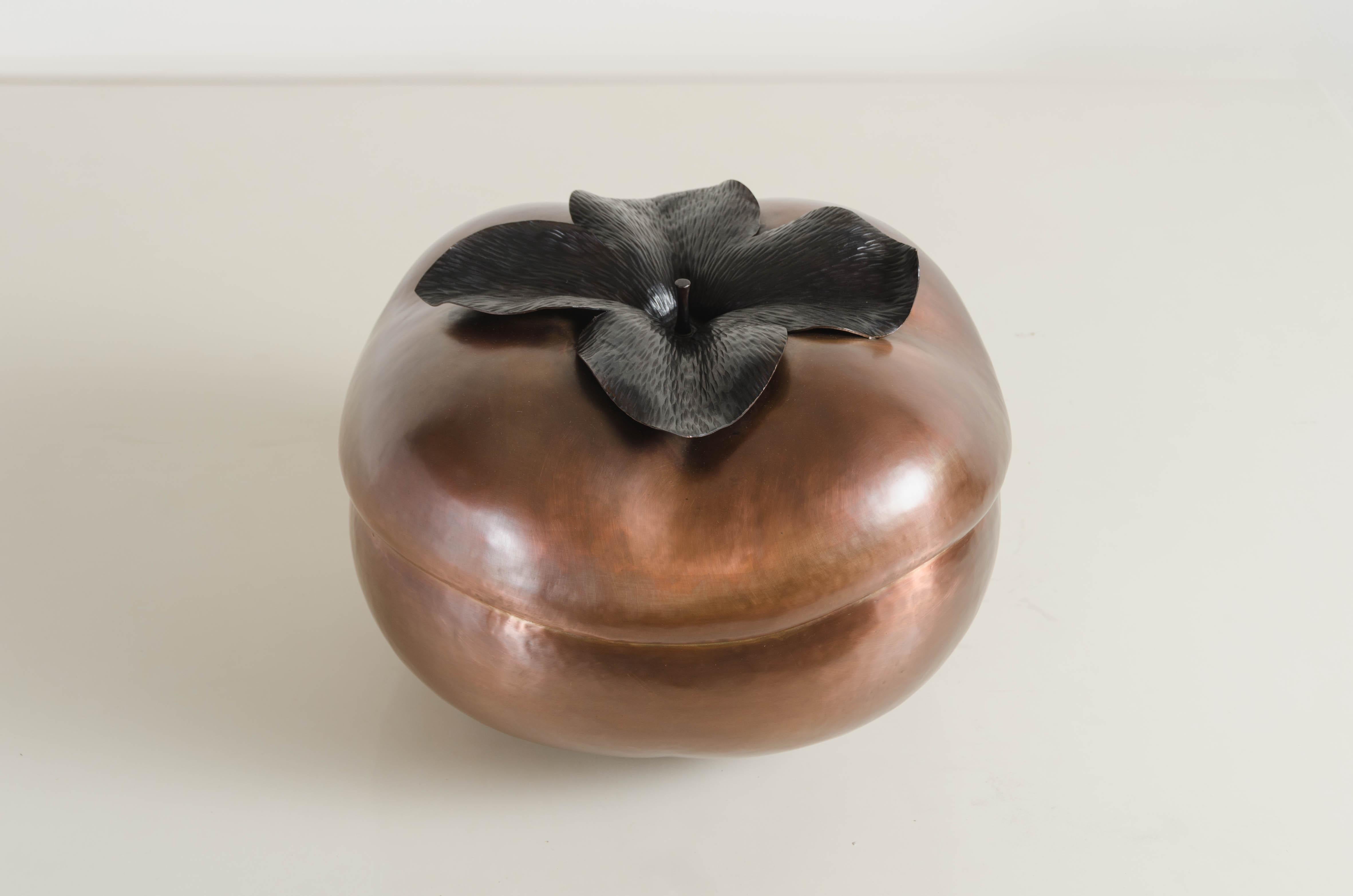 Scultura di cachi
Rame antico
Rame nero
Repousse a mano
Edizione limitata

Il repoussé è l'arte tradizionale di martellare a mano rilievi decorativi sulla lamiera. La tecnica ha avuto origine intorno all'800 a.C. tra l'Asia e l'Europa e nel