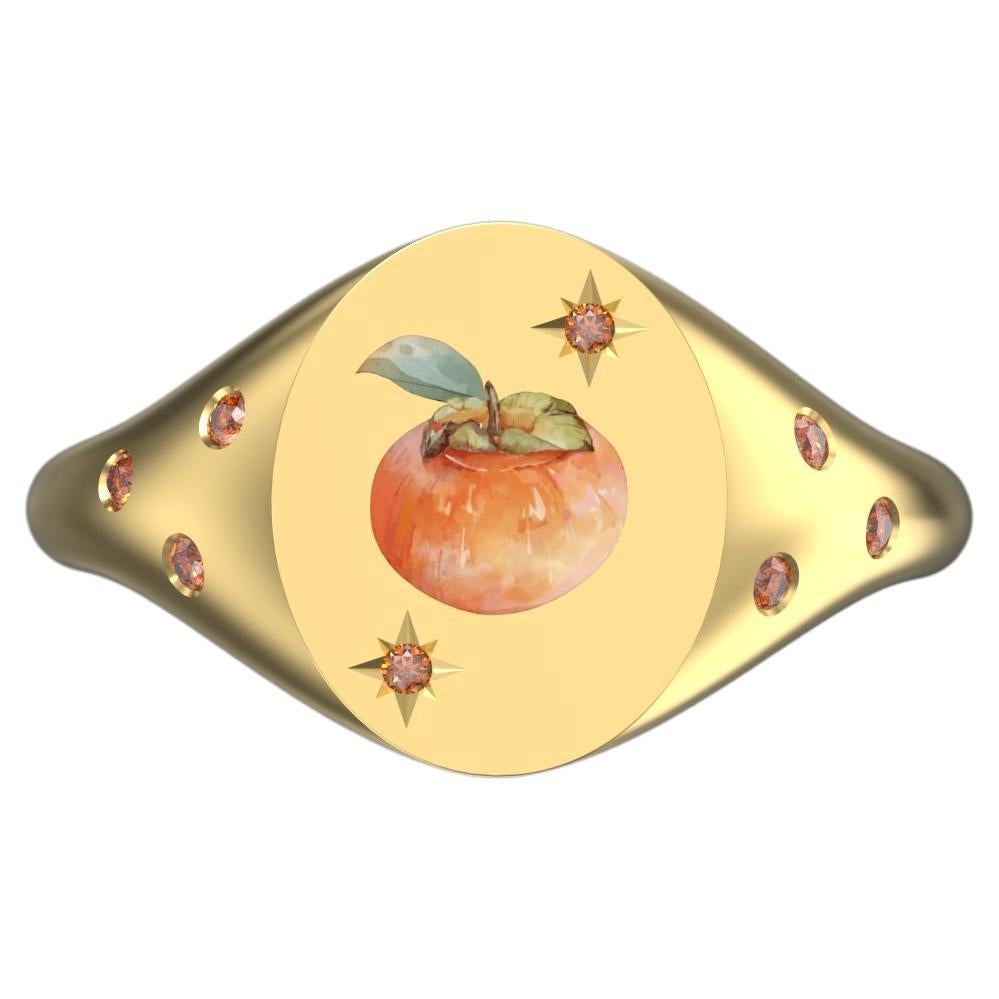 Lucky Persimmon Signet Ring, 18K Yellow Gold with Orange Sapphires (US SIZE 4) For Sale