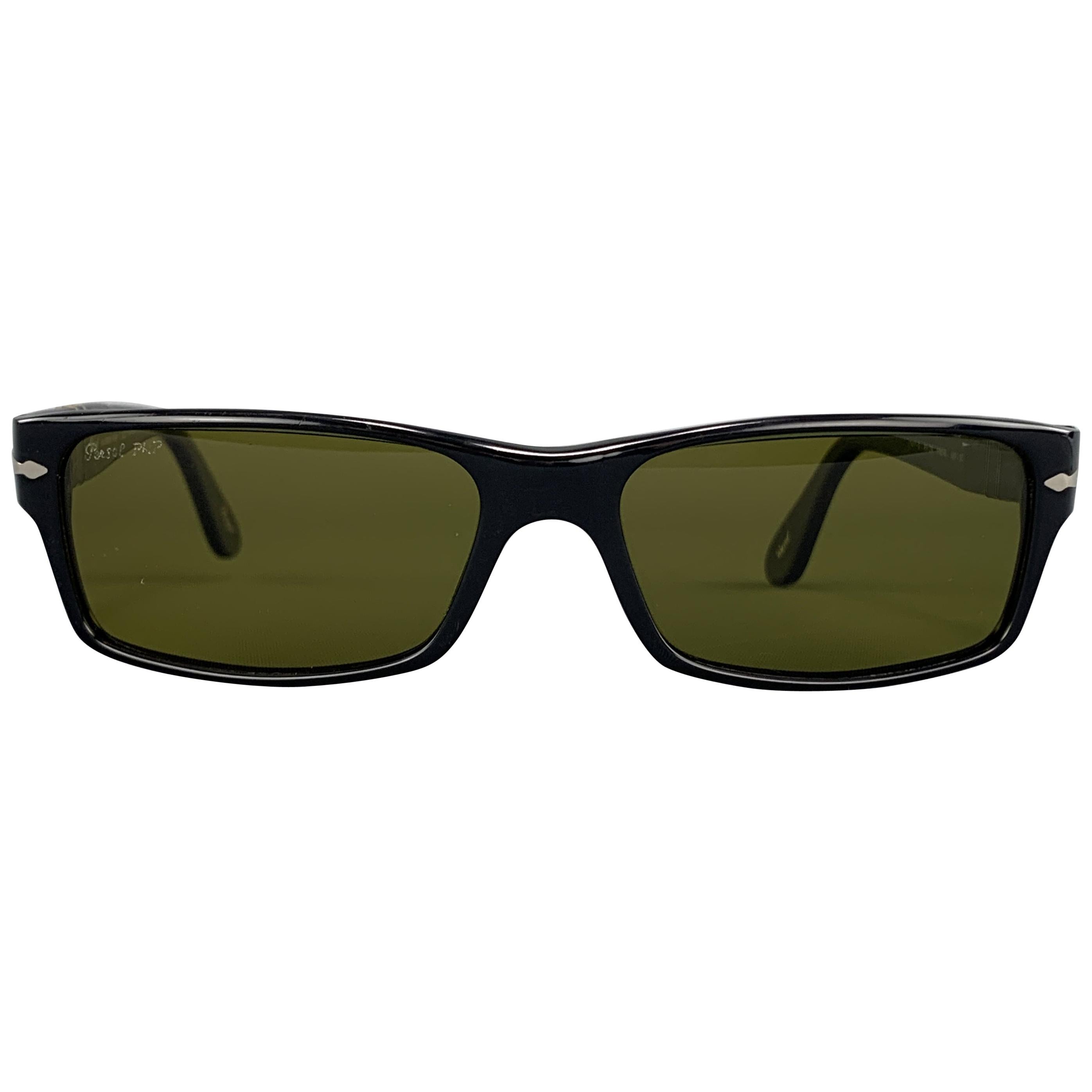PERSOL Black Acetate Green Lens Recatngle Sunglasses