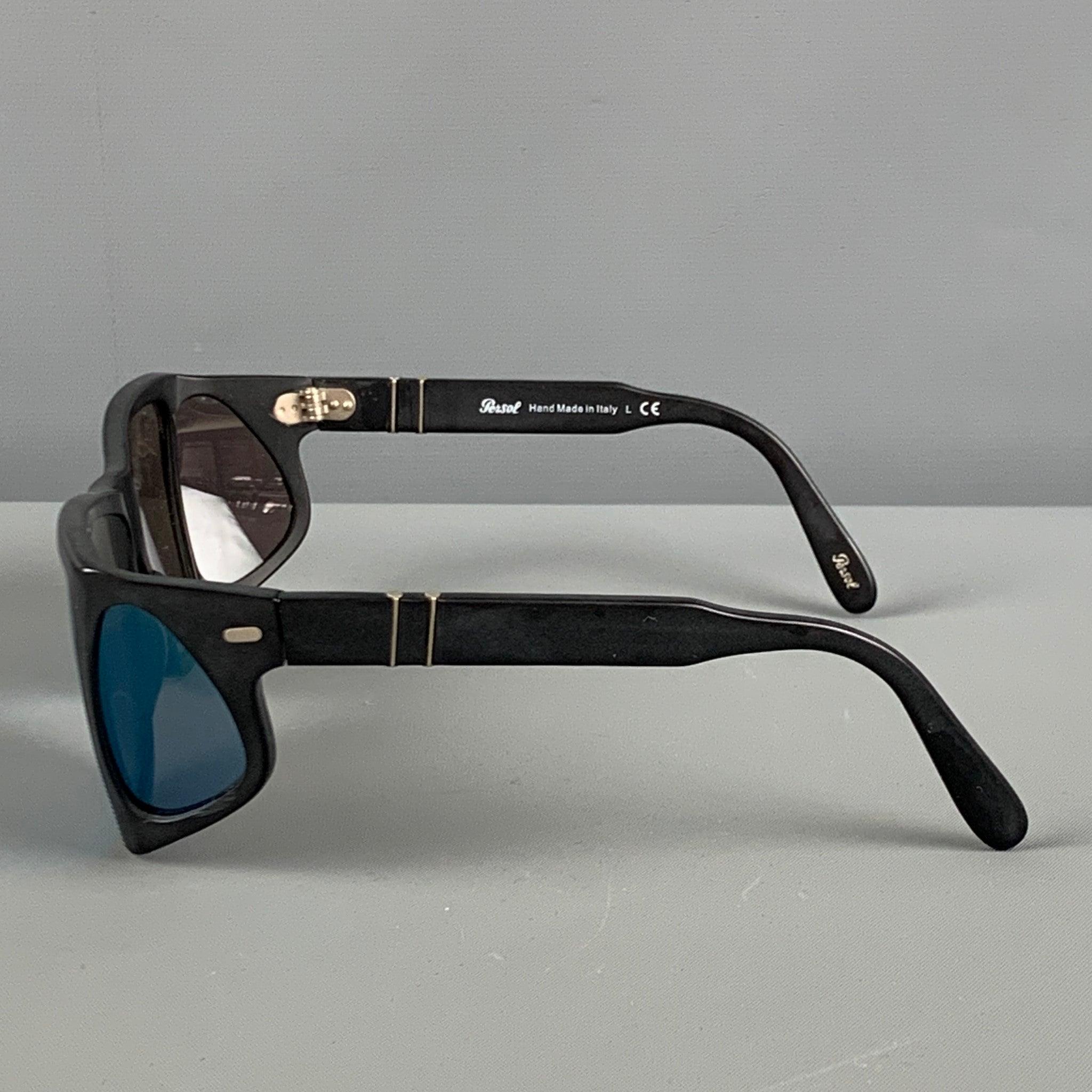Men's PERSOL Black Blue Acetate Shield Sunglasses