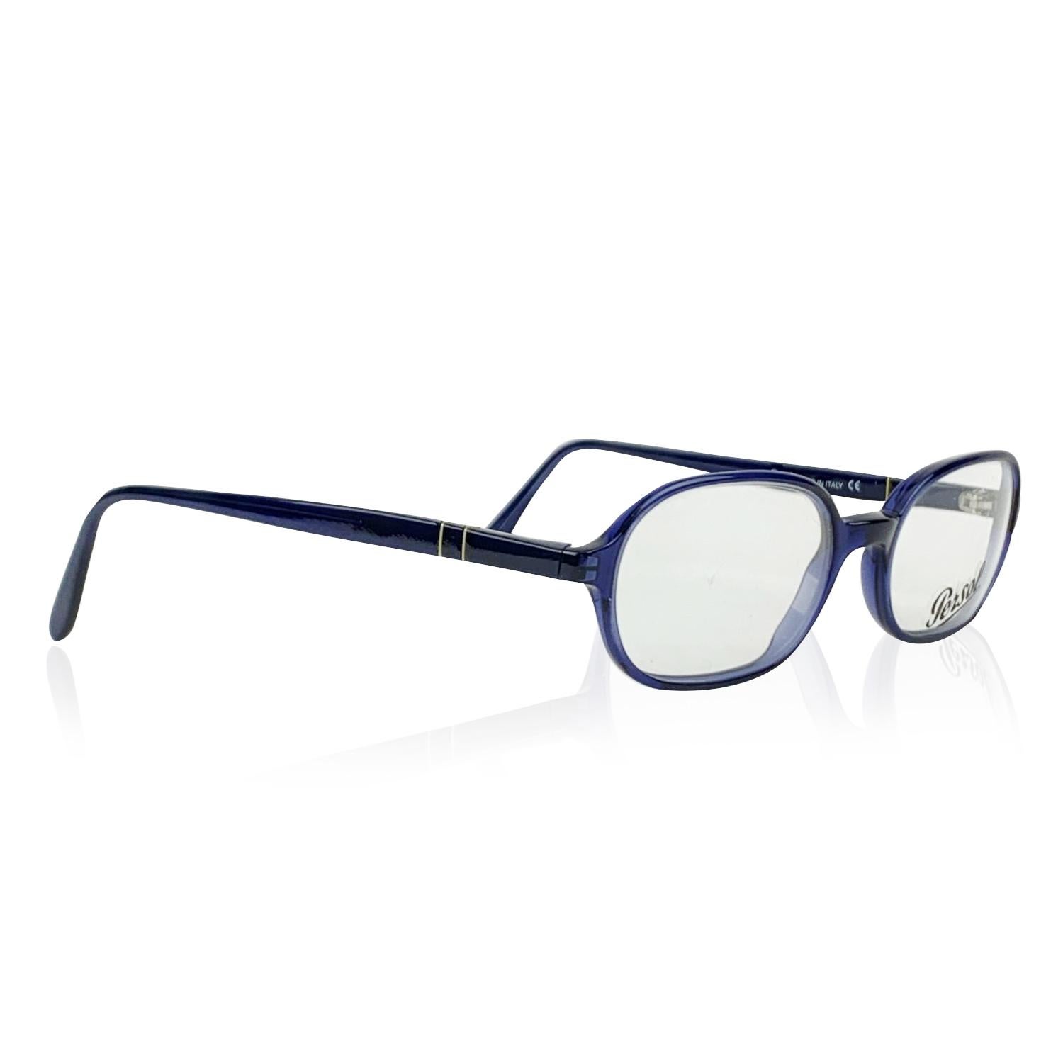 PERSOL Vintage Eyeglasses- Model: 2560-V. Blue acetate frame. Clear demo lenses. Meflecto System on arms (2 metal pins which are inserted vertically into the ear stems and provide flexibility in the stems). Made in Italy. Style & Refs: 2560-V -