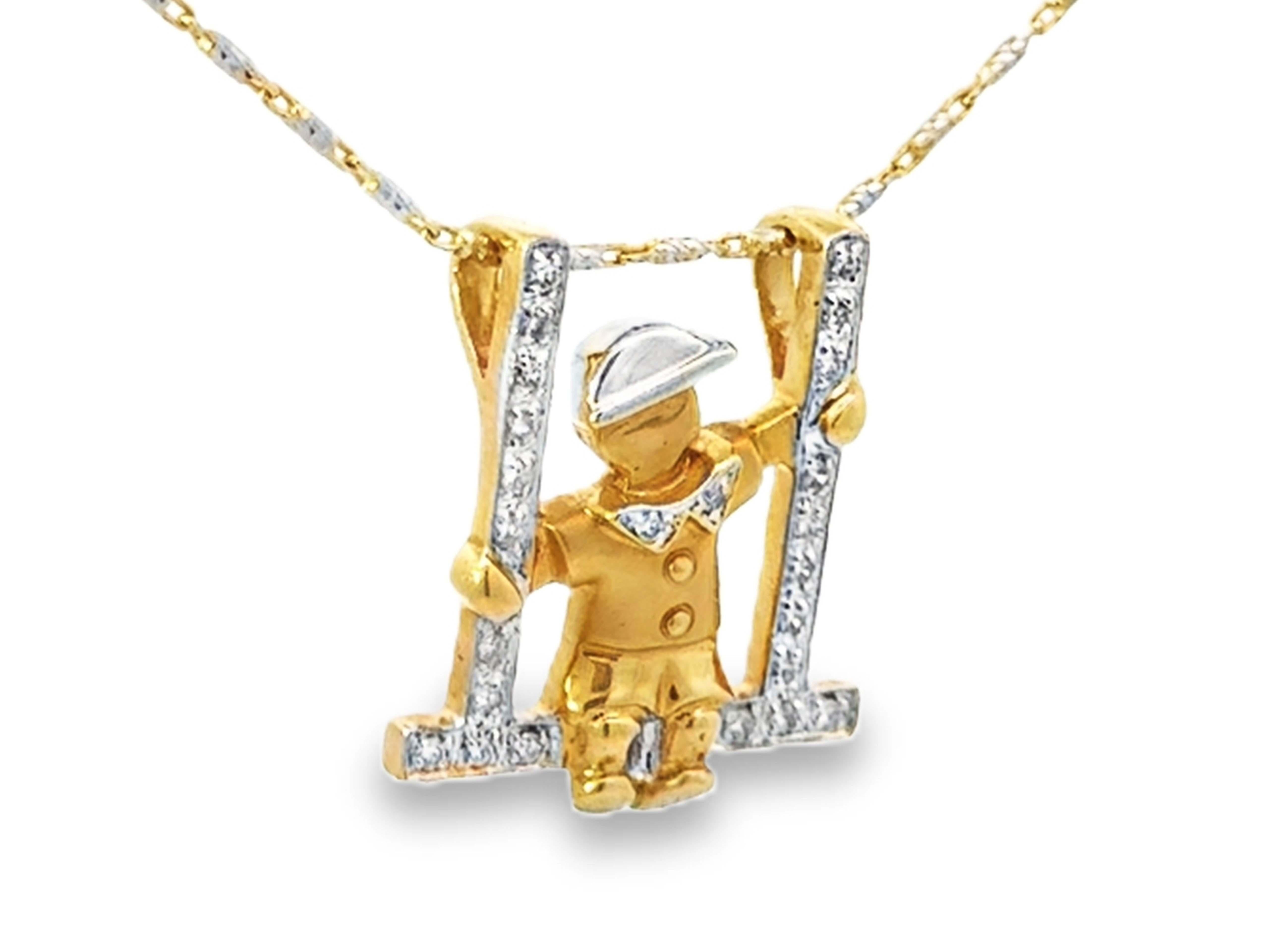 Modern Person on Swing Diamond Necklace 2 Tone 14k White and Yellow Gold For Sale