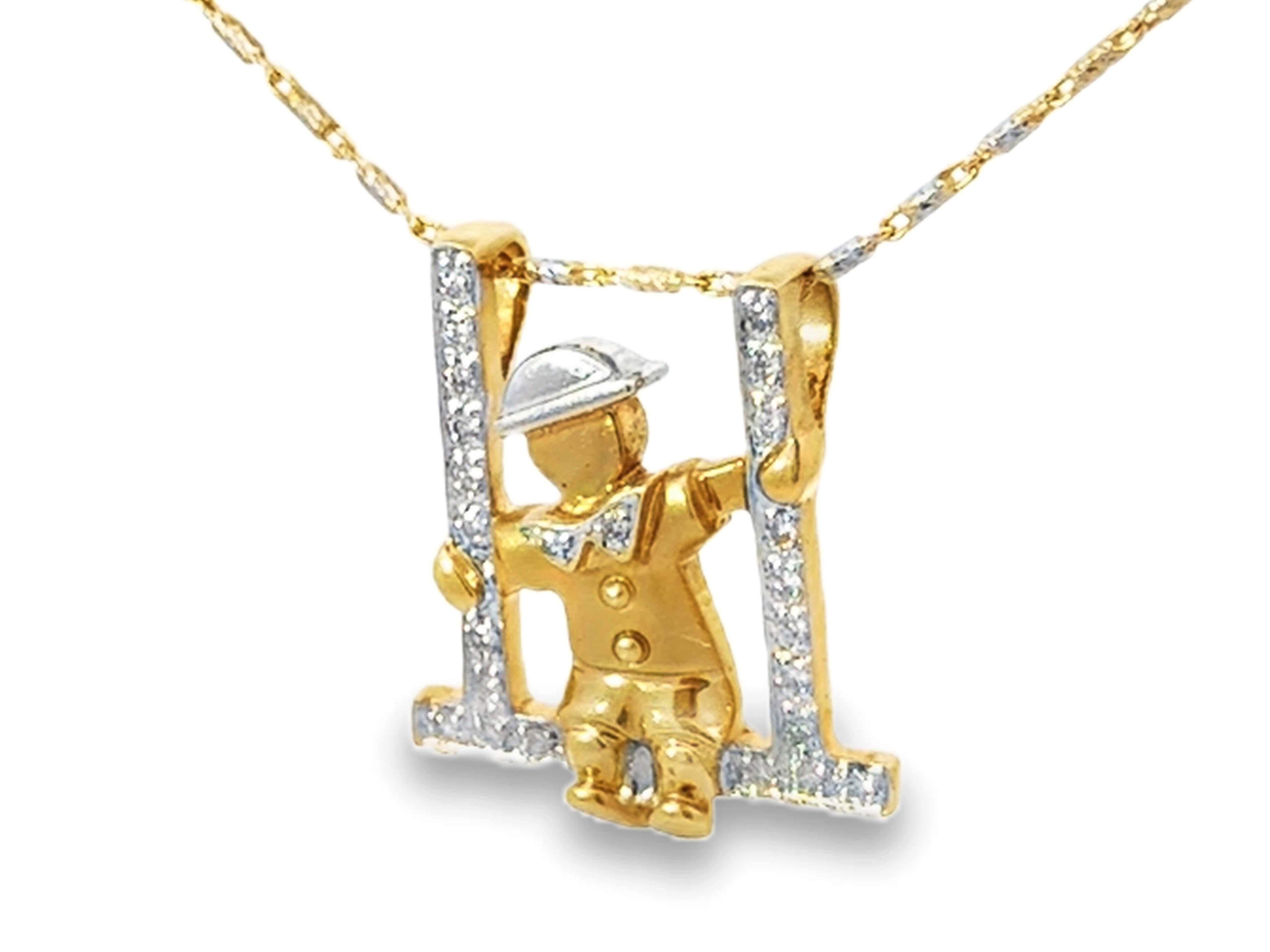 Brilliant Cut Person on Swing Diamond Necklace 2 Tone 14k White and Yellow Gold For Sale