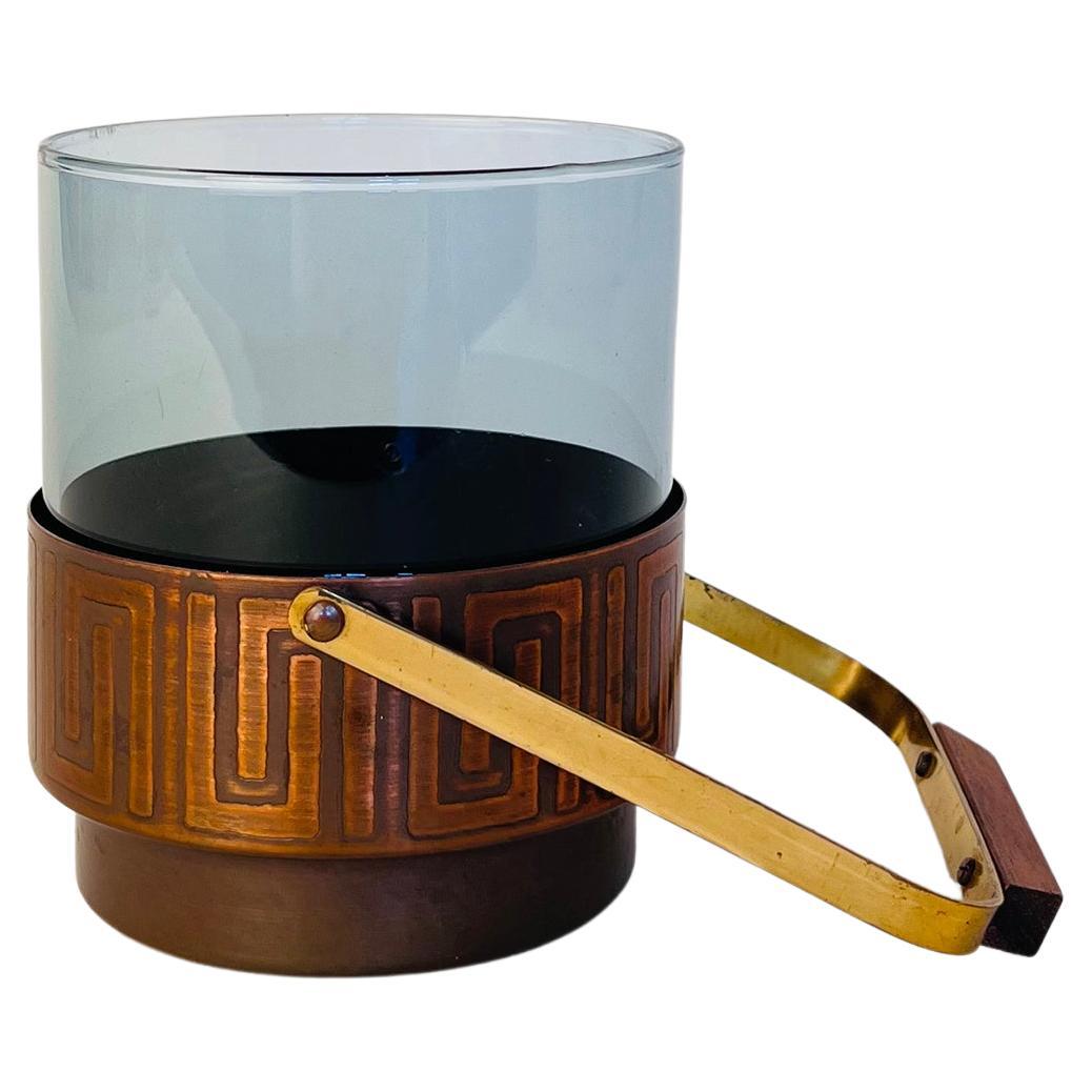 Personal Ice Bucket in Blue Glass and Copper Holder with Handle For Sale