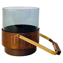 Retro Personal Ice Bucket in Blue Glass and Copper Holder with Handle