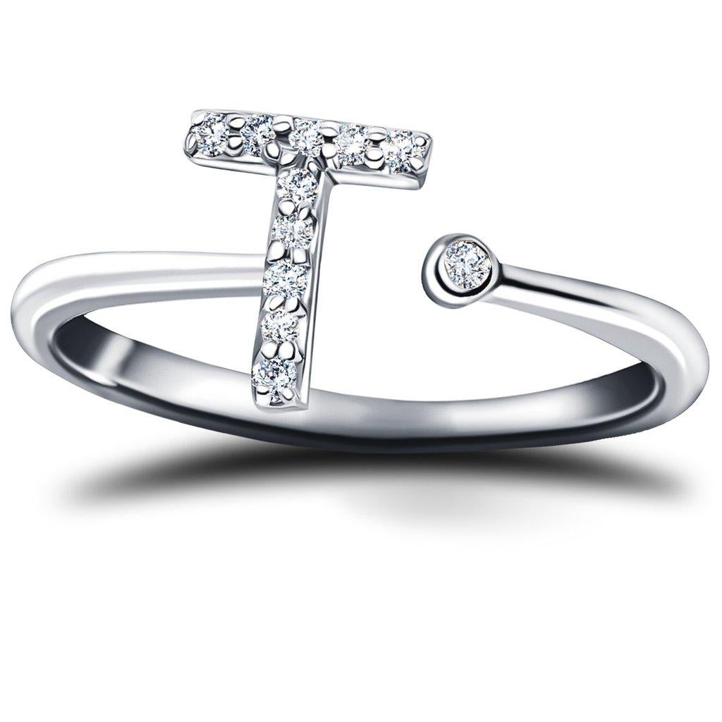 For Sale:  Personal Jewellery Diamond 0.10 Carat Initial -T- Letter Ring 18 Kt White Gold 2