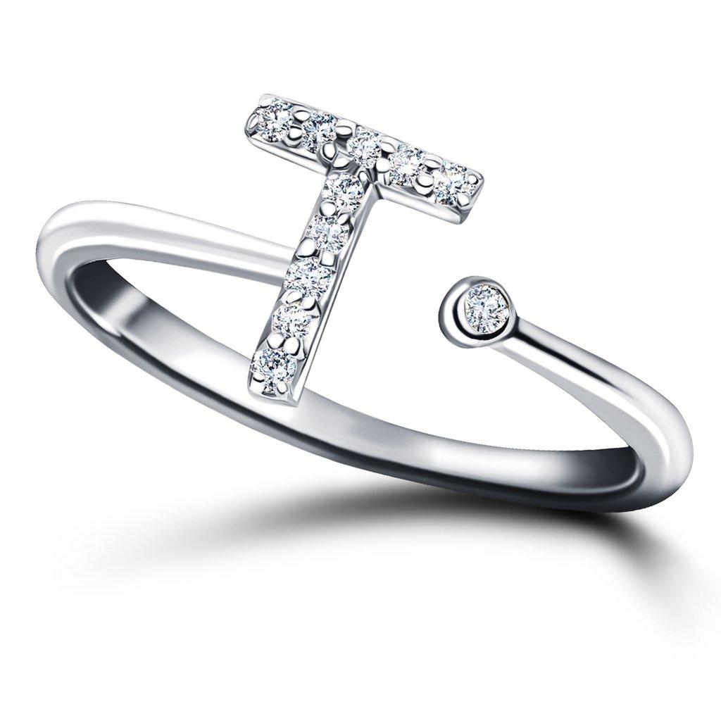 For Sale:  Personal Jewellery Diamond 0.10 Carat Initial -T- Letter Ring 18 Kt White Gold 4