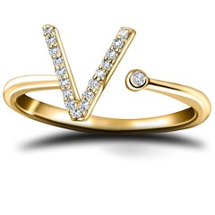 Personal Jewellery Diamond 0.10 Carat Initial -V- Letter Ring 18 Kt Yellow Gold