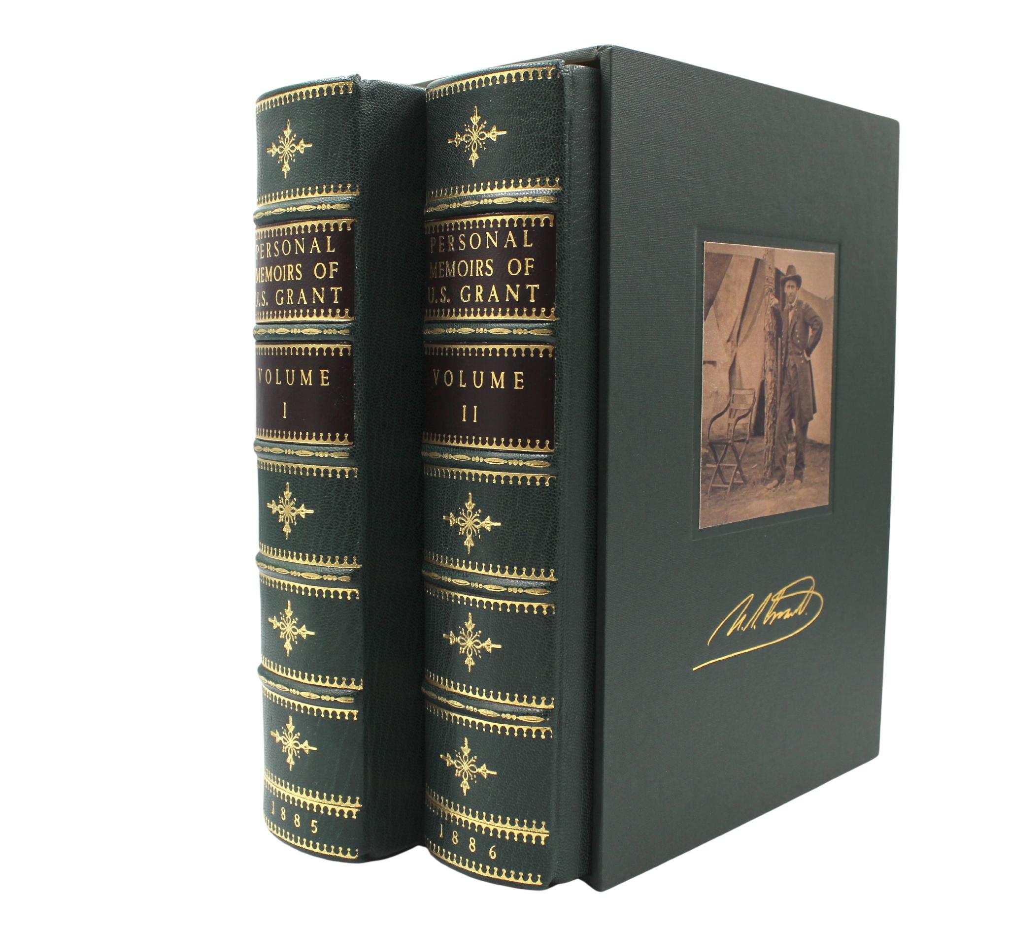 Grant, Ulysses S., Personal Memoirs of U.S. Grant. New York: Charles L. Webster and Co., 1885-1886. Two volume set. Octavo, beautifully rebound in quarter green leather and cloth boards, with an archival matching slipcase.

Offered is a two-volume