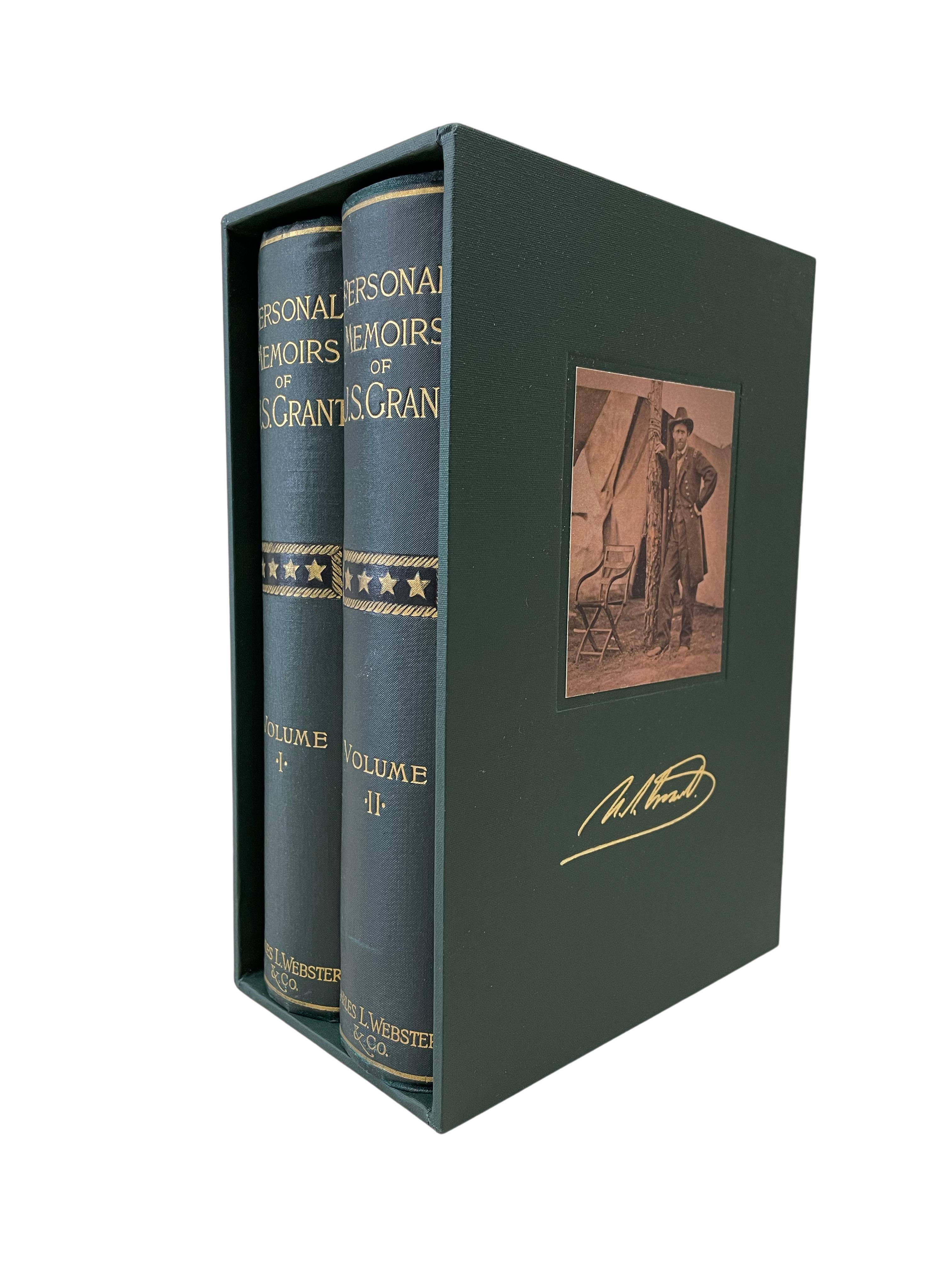 Grant, Ulysses S. Personal Memoirs of U.S. Grant. New York: Charles L. Webster and Co., 1892. Second edition. Two volume set. Octavo, period green cloth bindings, with new joints and a new archival slipcase.
This second edition, two-volume set of