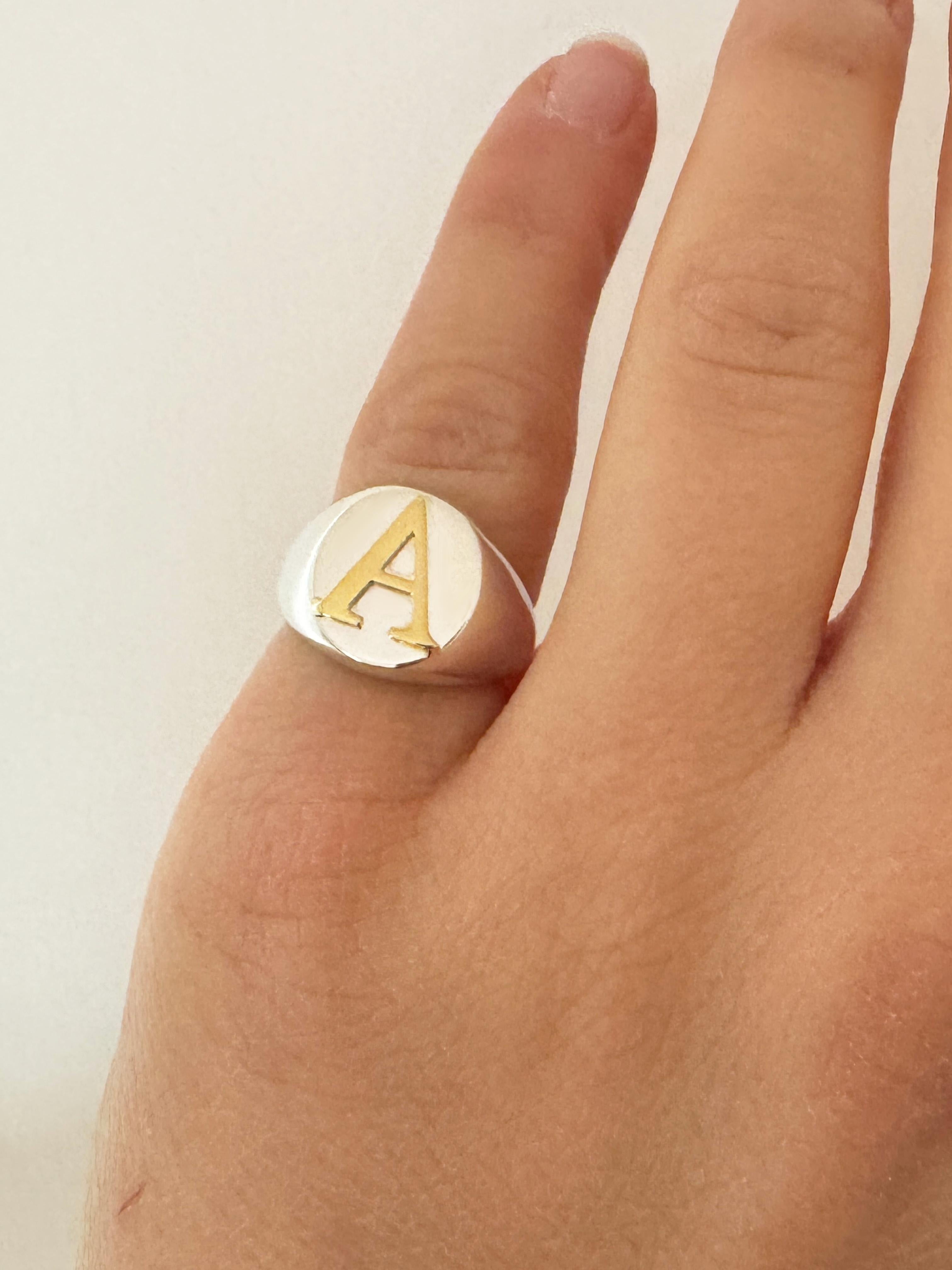 Rossella Ugolini Signet Ring Collection Modern Signet Ring. Handcrafted Initials made of 18K Yellow Gold crafted on Bold Silver Sterling Signet Ring. Signet Initial Rings are among the best  for personalising a jewelry look. Message us and we can