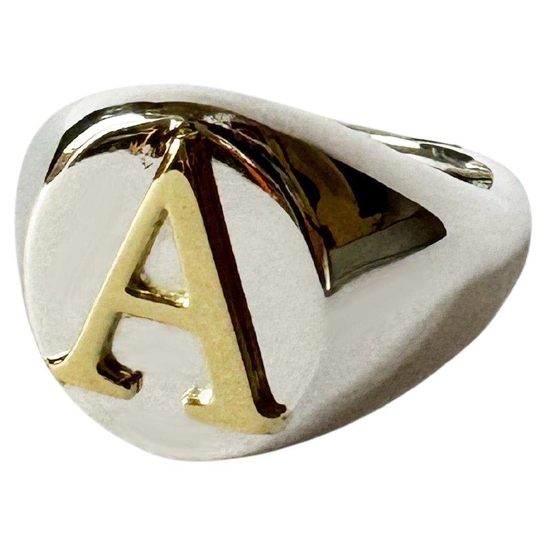 Modern Personalise Initial Letter 18k Yellow Gold Sterling Silver Unisex Signet Ring For Sale