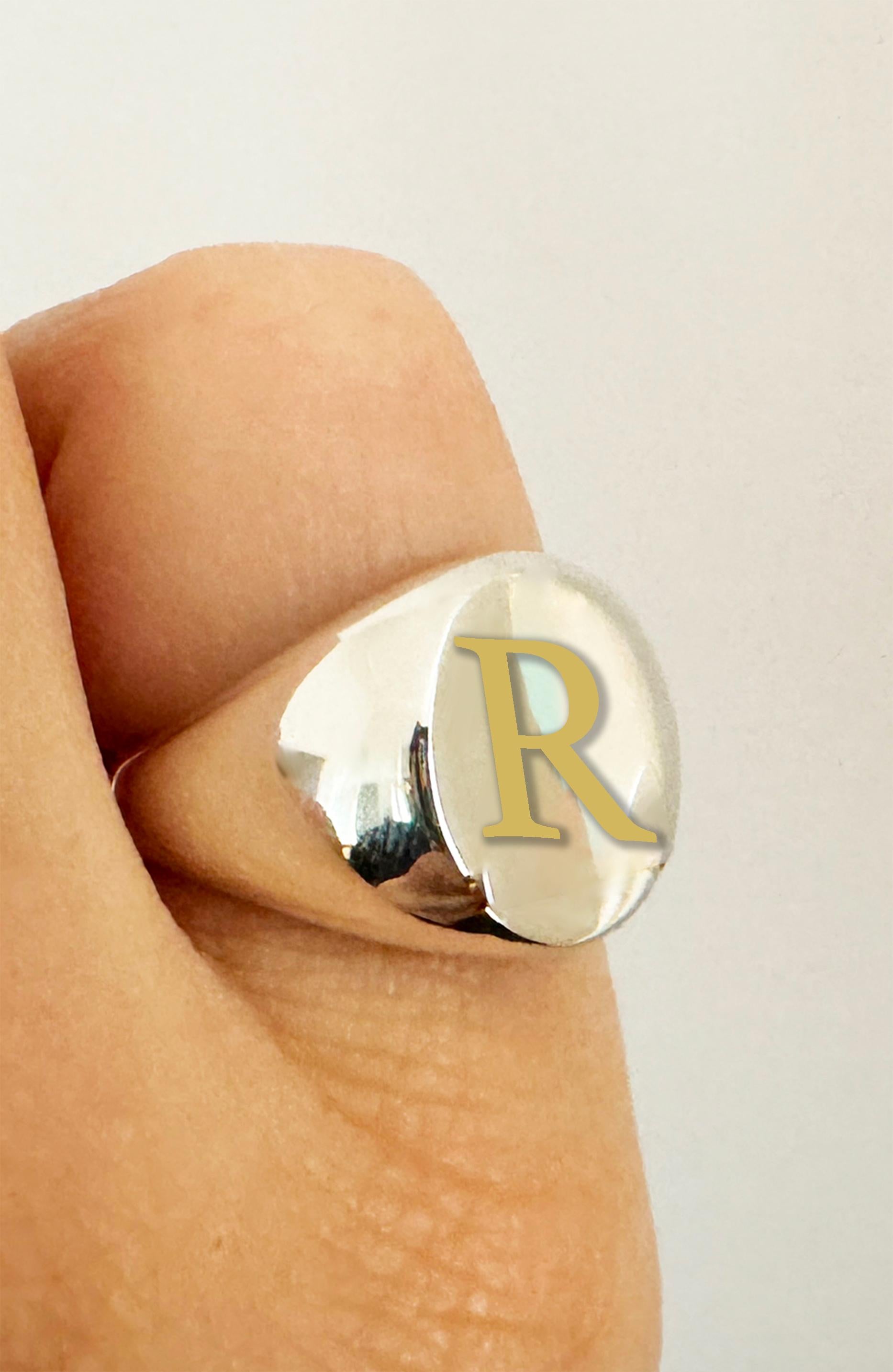 Personalise Initial Letter 18k Yellow Gold Sterling Silver Unisex Signet Ring For Sale 1