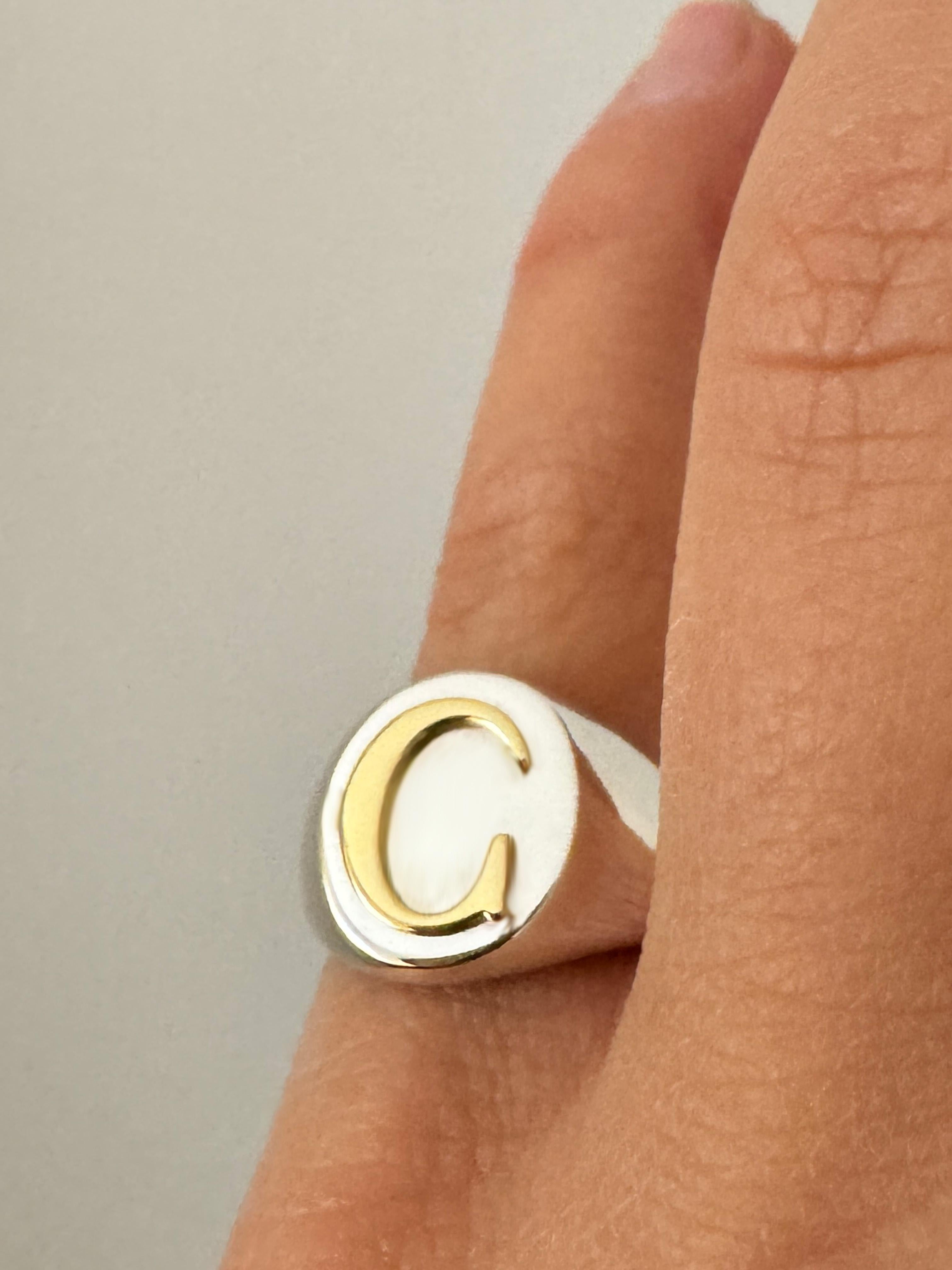 Personalise Initial Letter 18k Yellow Gold Sterling Silver Unisex Signet Ring For Sale 4