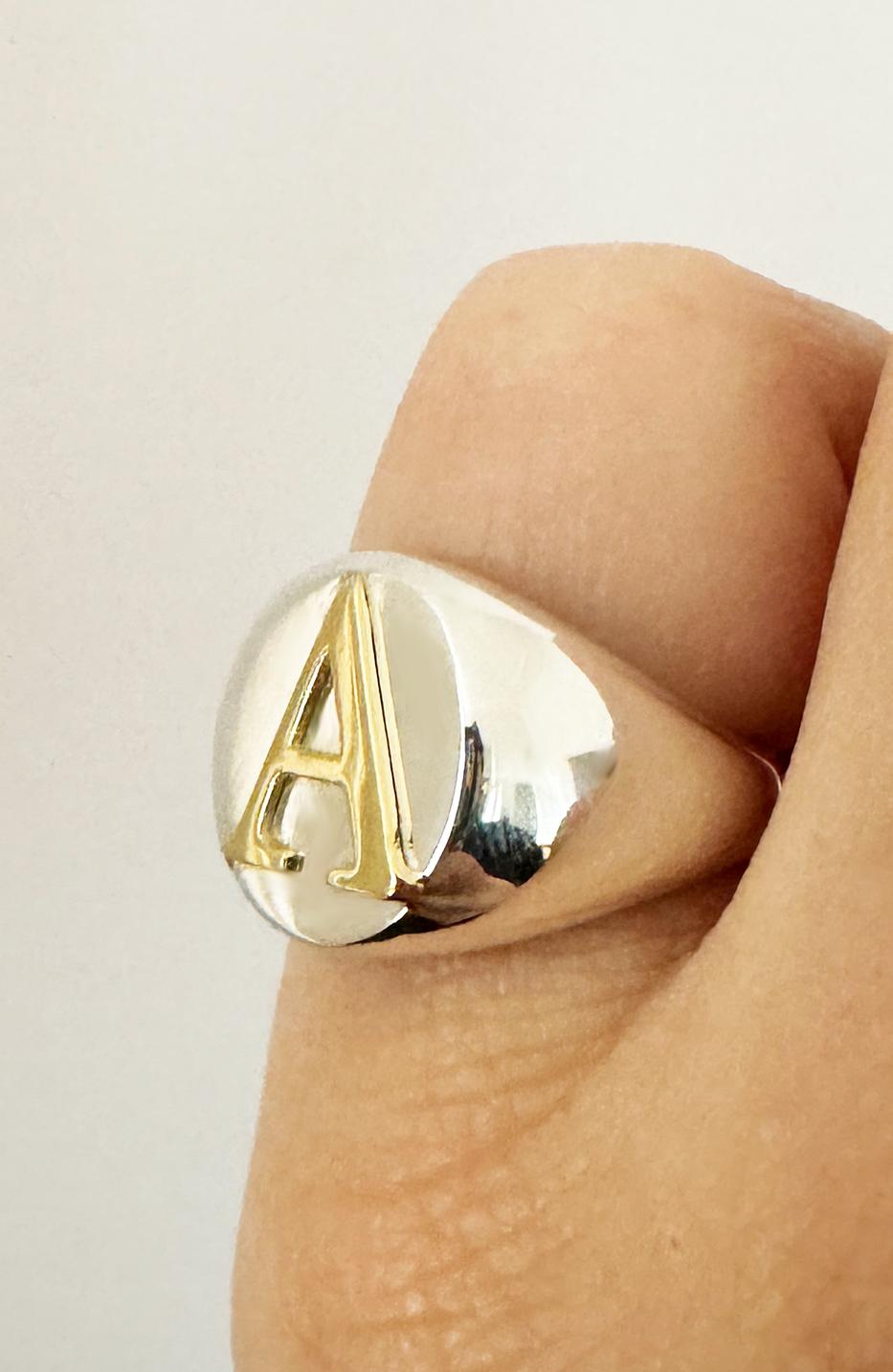 Personalise Initial Letter 18k Yellow Gold Sterling Silver Unisex Signet Ring For Sale 5