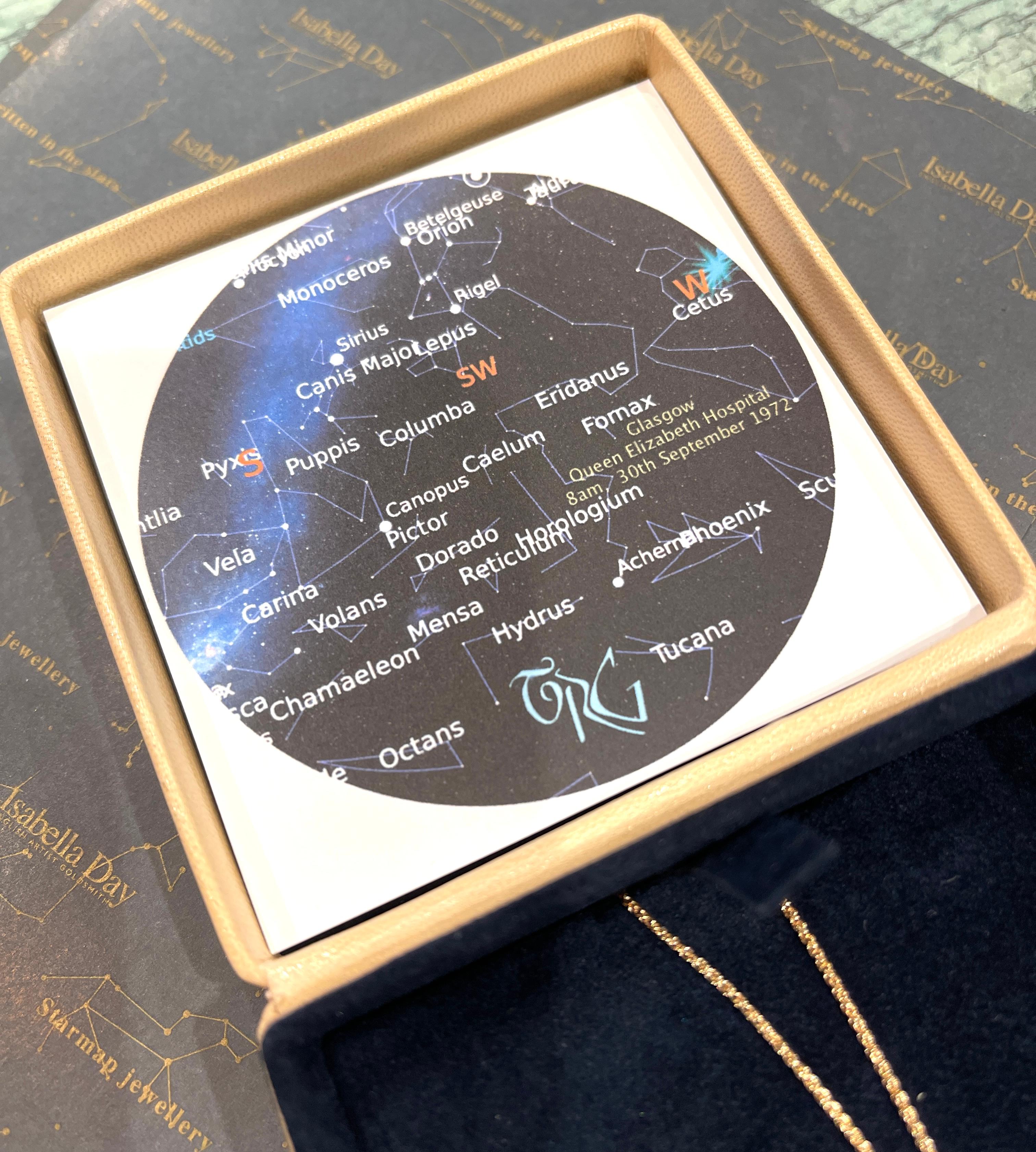 Brilliant Cut Personalised 14ct Yellow or Peach Solid Gold Starmap Pendant, Celestial Necklace For Sale