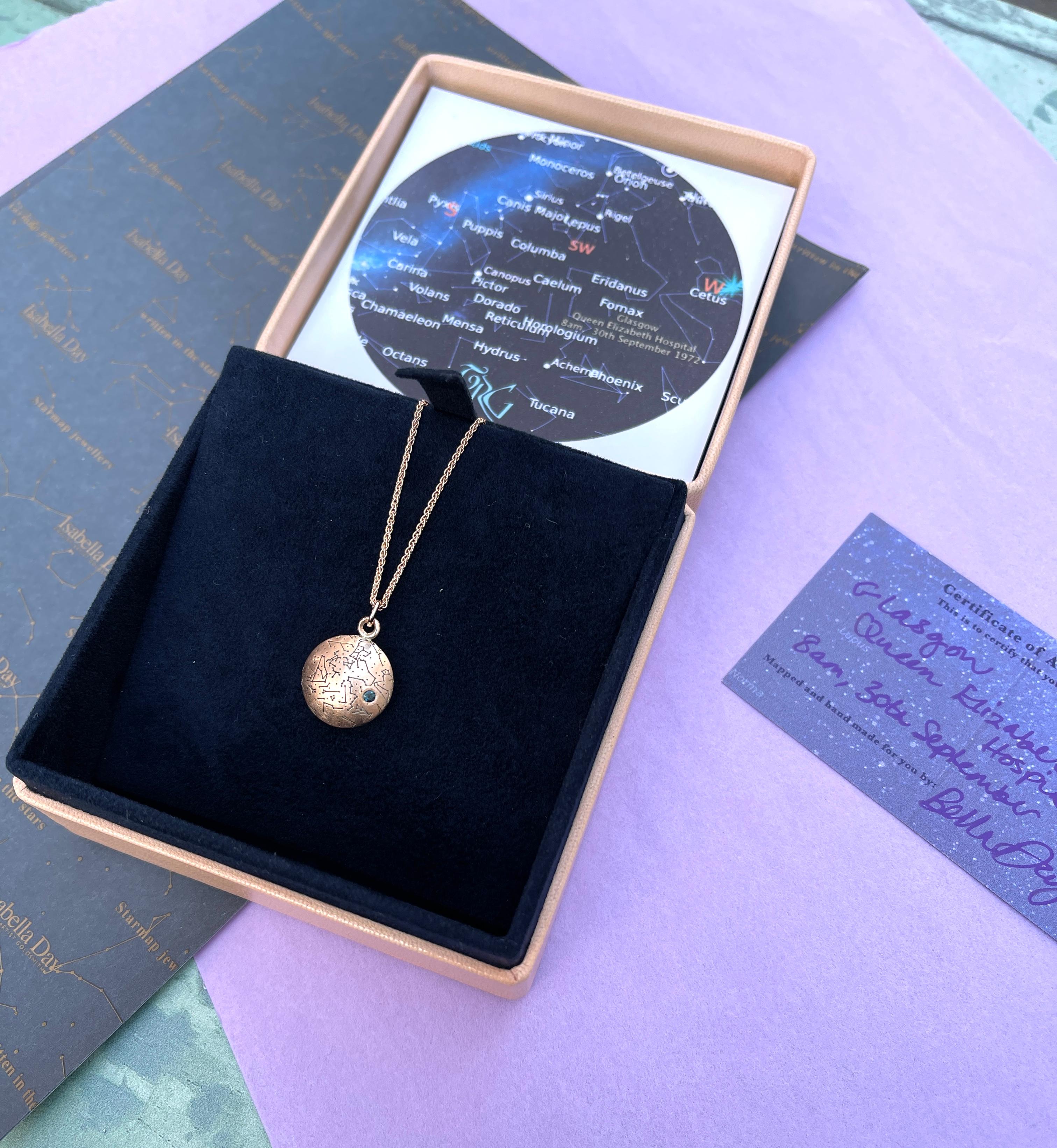 Personalised 18ct Solid Gold Starmap Pendant, Celestial Necklace In New Condition For Sale In Torquay, GB