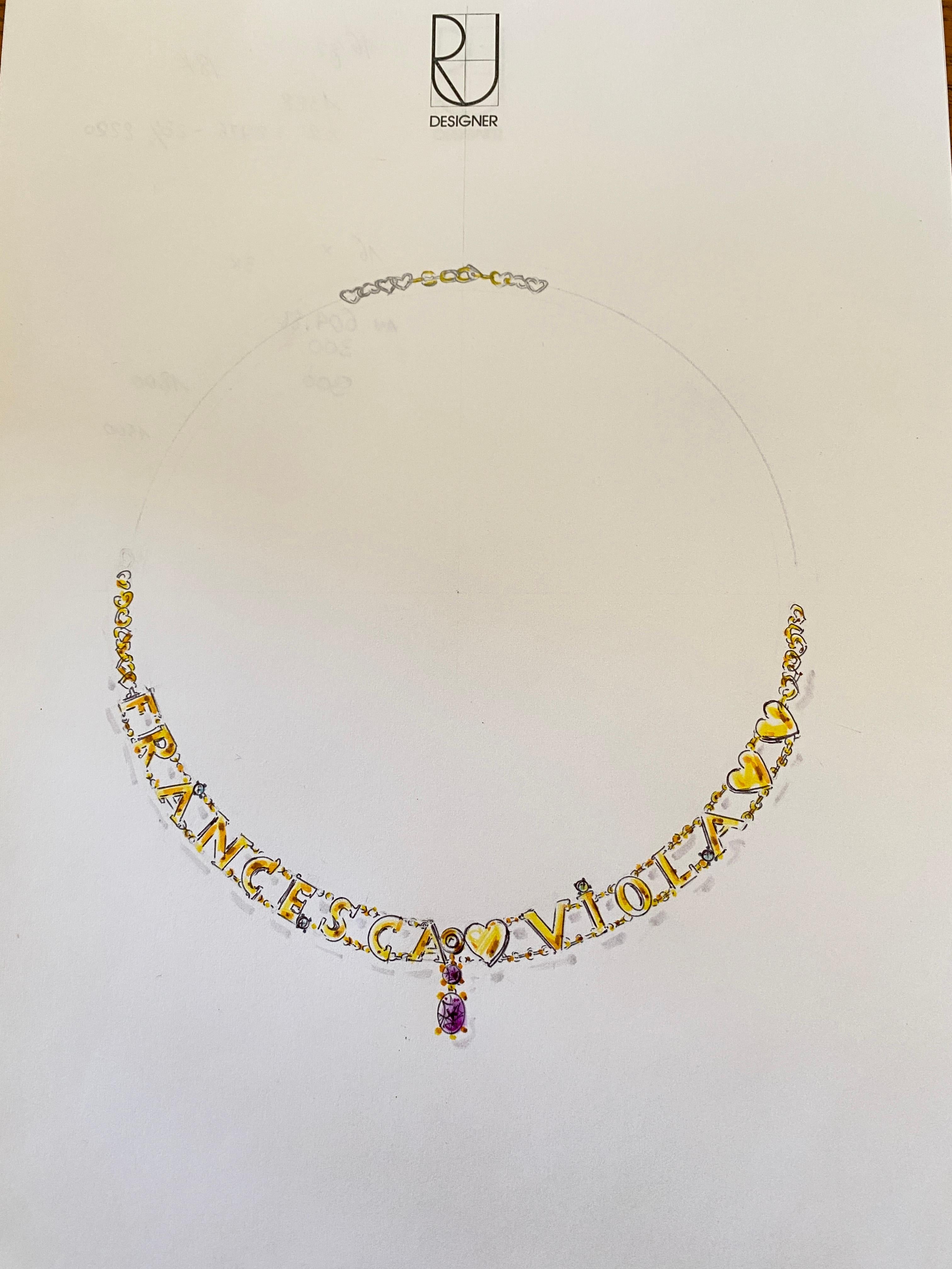 Personnalisez votre nom Collier de lettres en or jaune 18 carats avec améthyste et diamants blancs. Voici un exemple de collier personnalisé en or jaune 18 carats que nous pouvons réaliser sur commande avec n'importe quel nom. Fabriqué à la main en