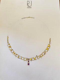 Personalize Name 18k Yellow Gold Letters Amethyst Diamonds Chain Hearts Necklace