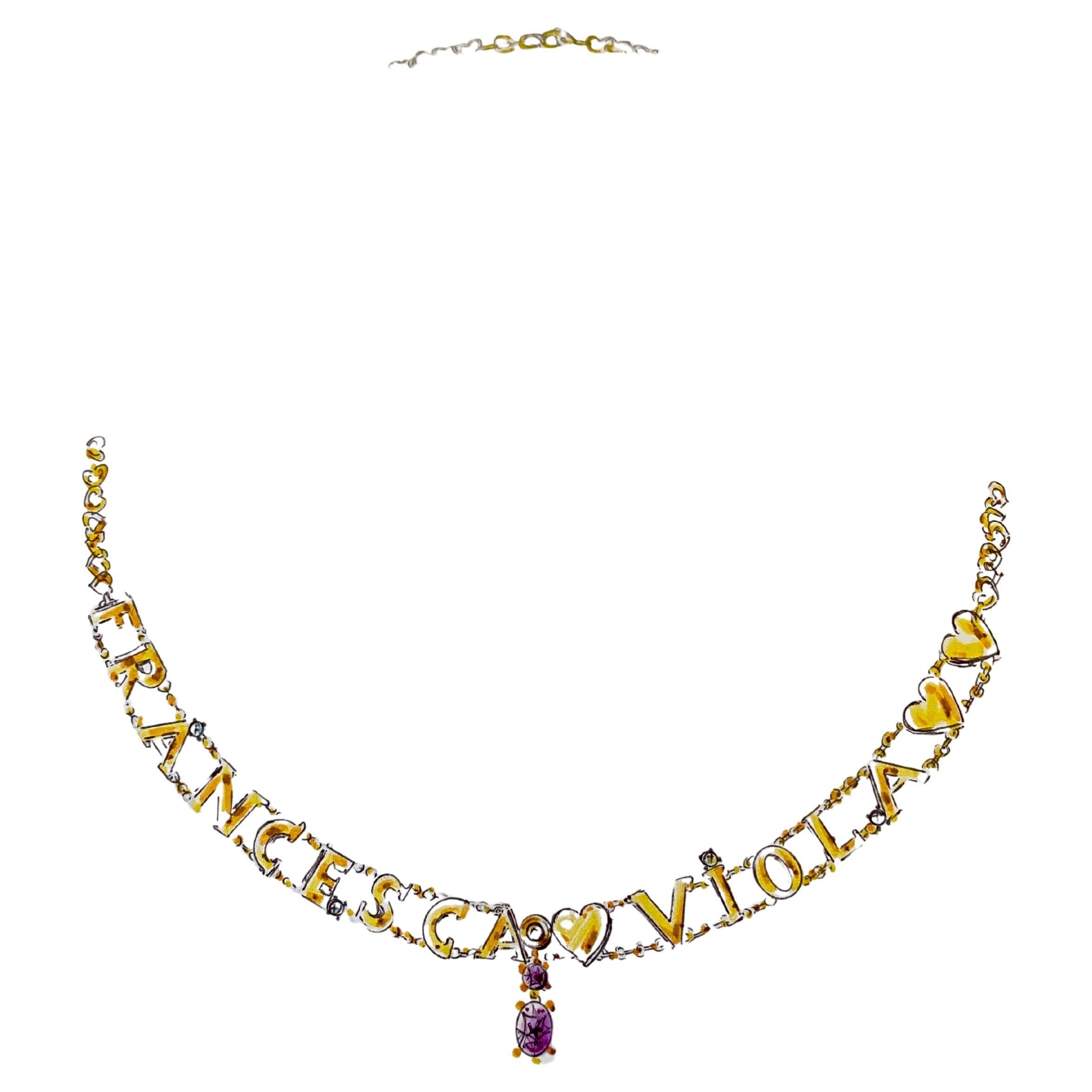 Personnalisez le nom en or jaune 18 carats, lettres, améthyste, diamants, chaîne cœurs collier en vente