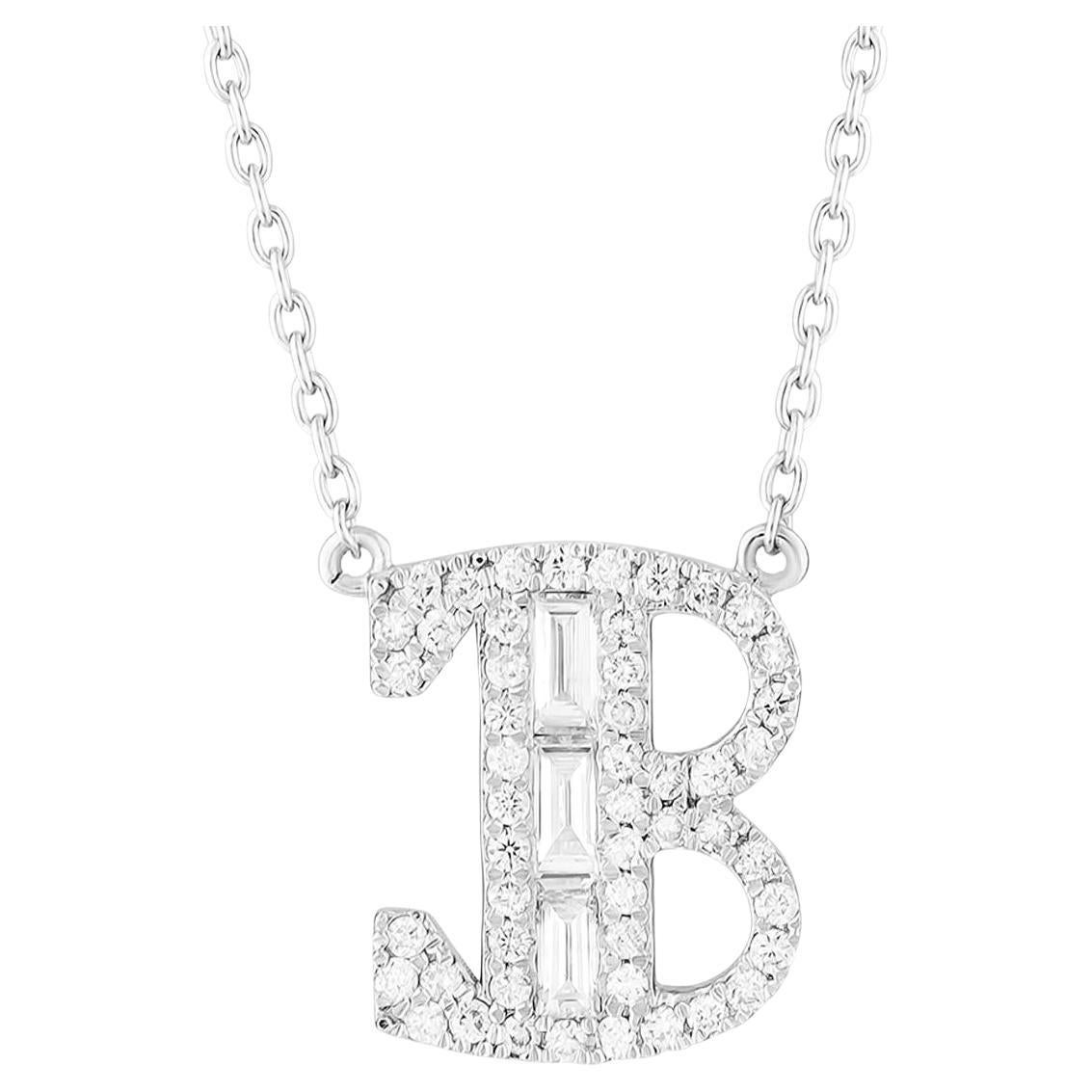 Personalized Baguette Diamond B Letter Pendant 14K White Gold Initial Necklace For Sale