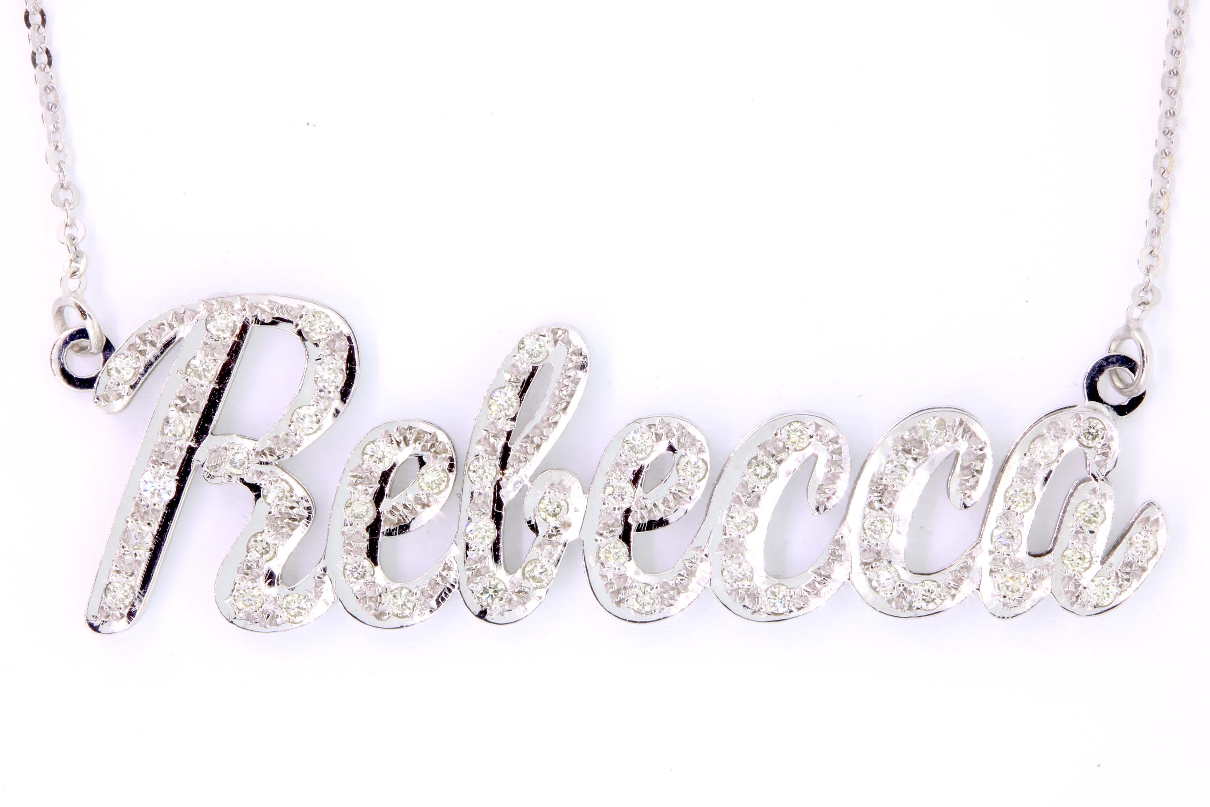 Make it your own! Custom nameplates are the perfect gift this year! Message us with your name for a more accurate price.

Material: 14k White, Yellow or Rose Gold 
Diamonds: Depending on the length of your name - Approximately 50 Round Diamonds at