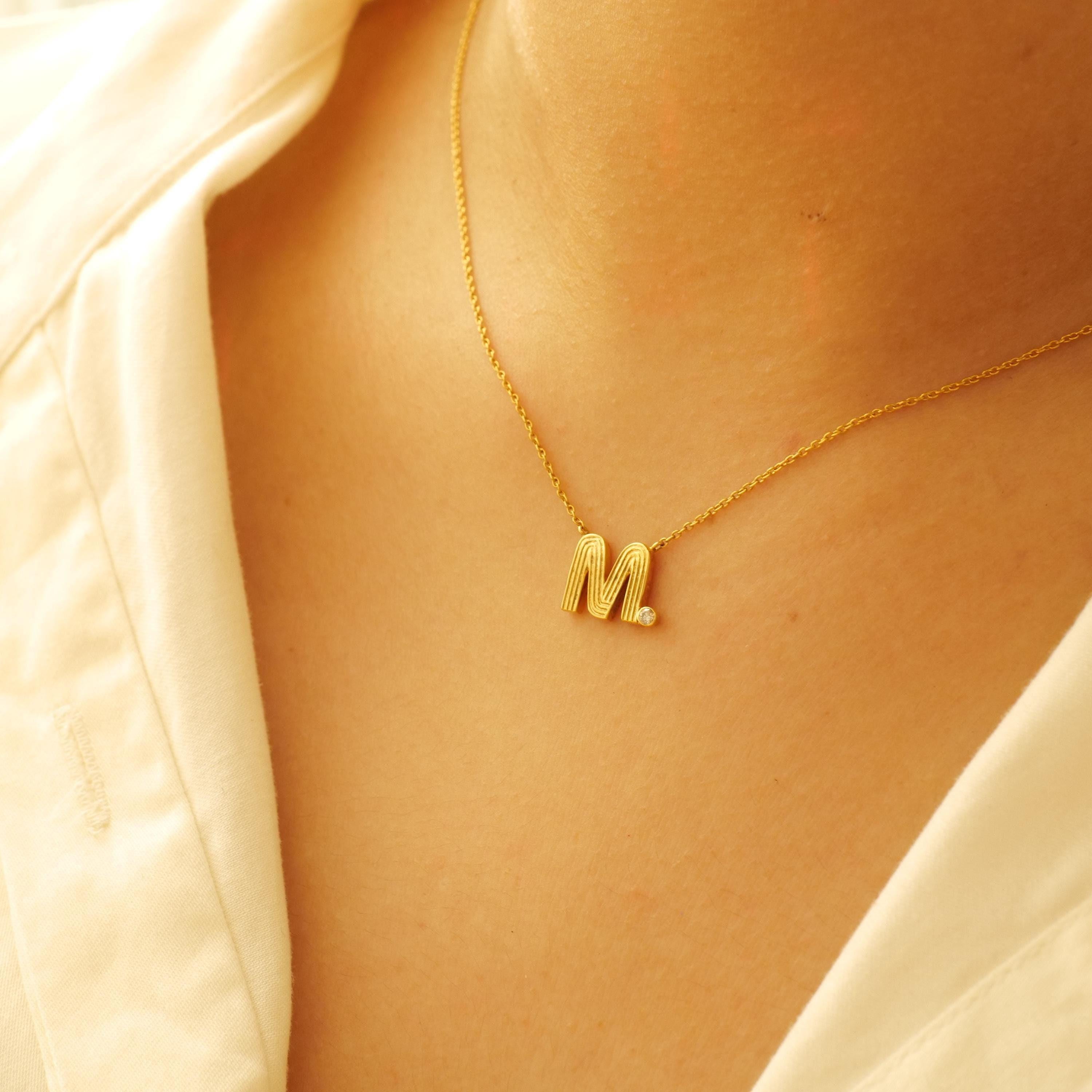 Art Deco Personalized Flute Initial Diamond Necklace in 14k Solid Gold (Certified) For Sale
