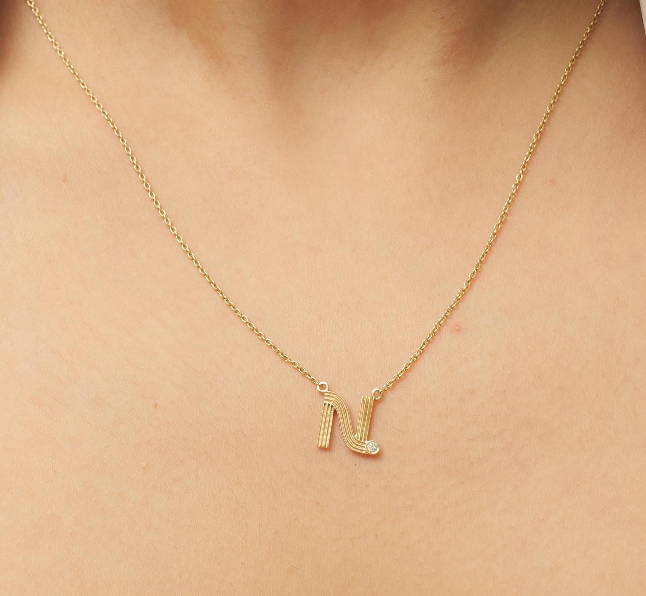 Round Cut Personalized Flute Initial Diamond Necklace in 14k Solid Gold (Certified) For Sale