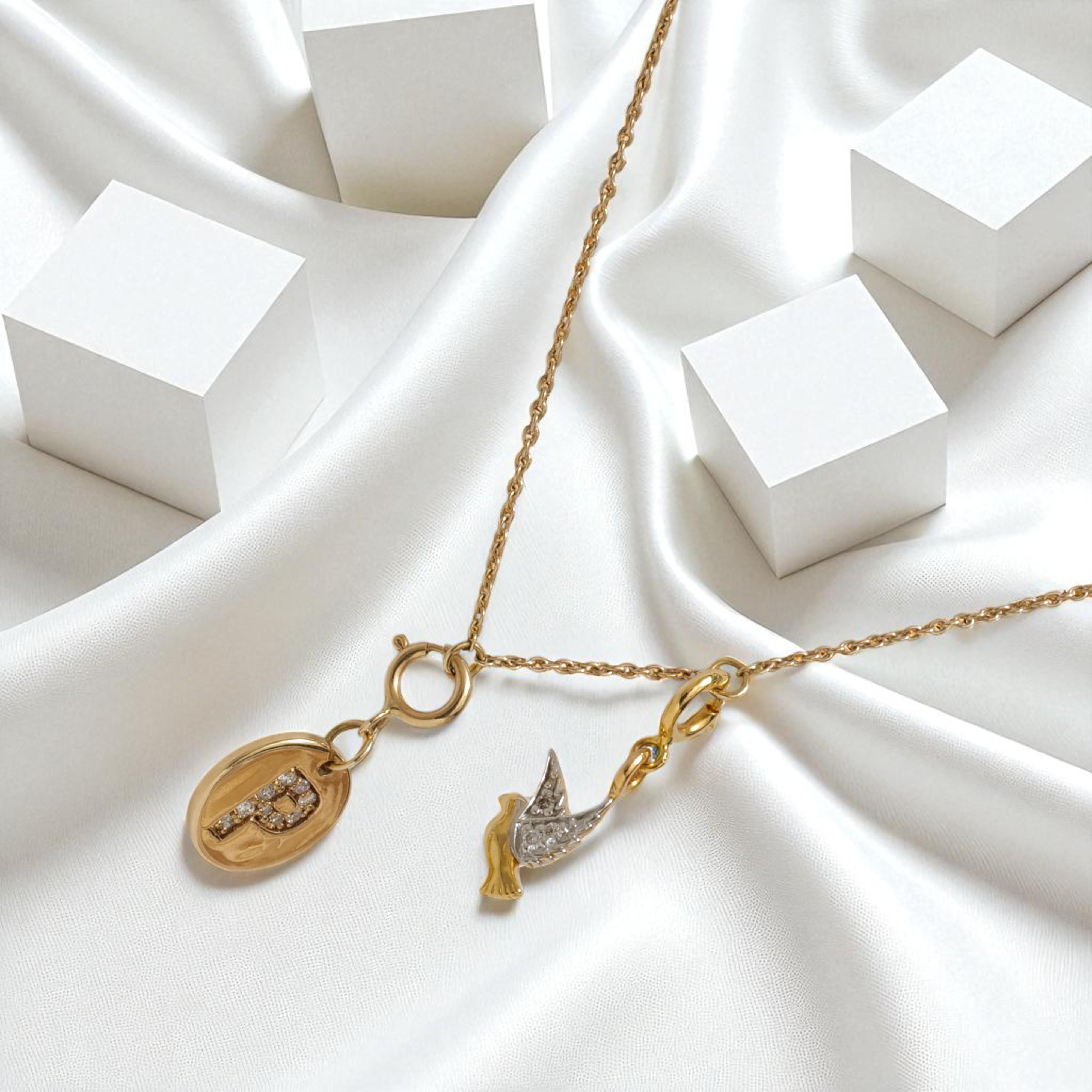 Art Deco Personalized Initial Bird Charm Diamond Necklace in 14k Solid Gold (Certified) For Sale