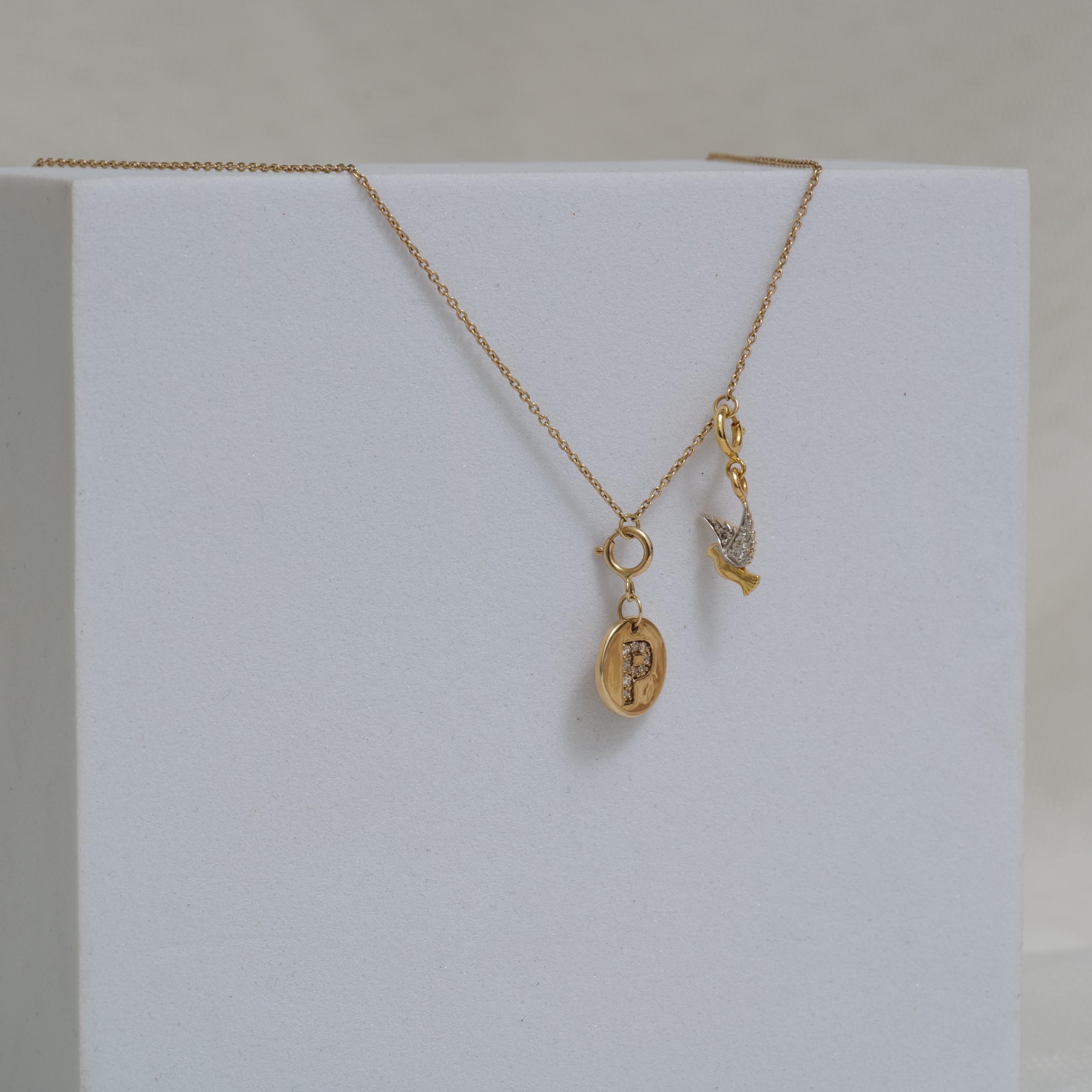 Personalized Initial Bird Charm Diamond Necklace in 14k Solid Gold (Certified) In New Condition For Sale In New Delhi, DL