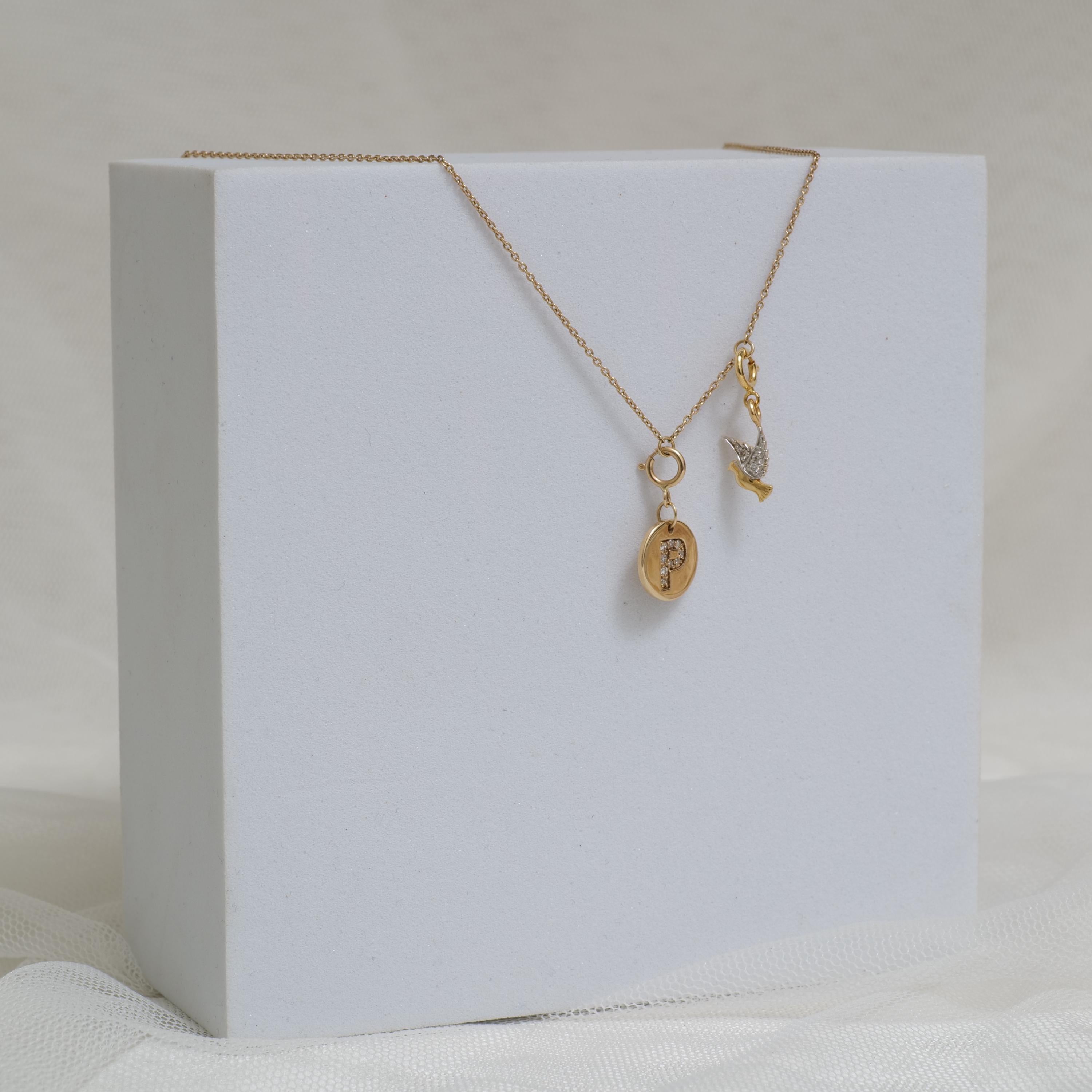 Women's Personalized Initial Bird Charm Diamond Necklace in 14k Solid Gold (Certified) For Sale