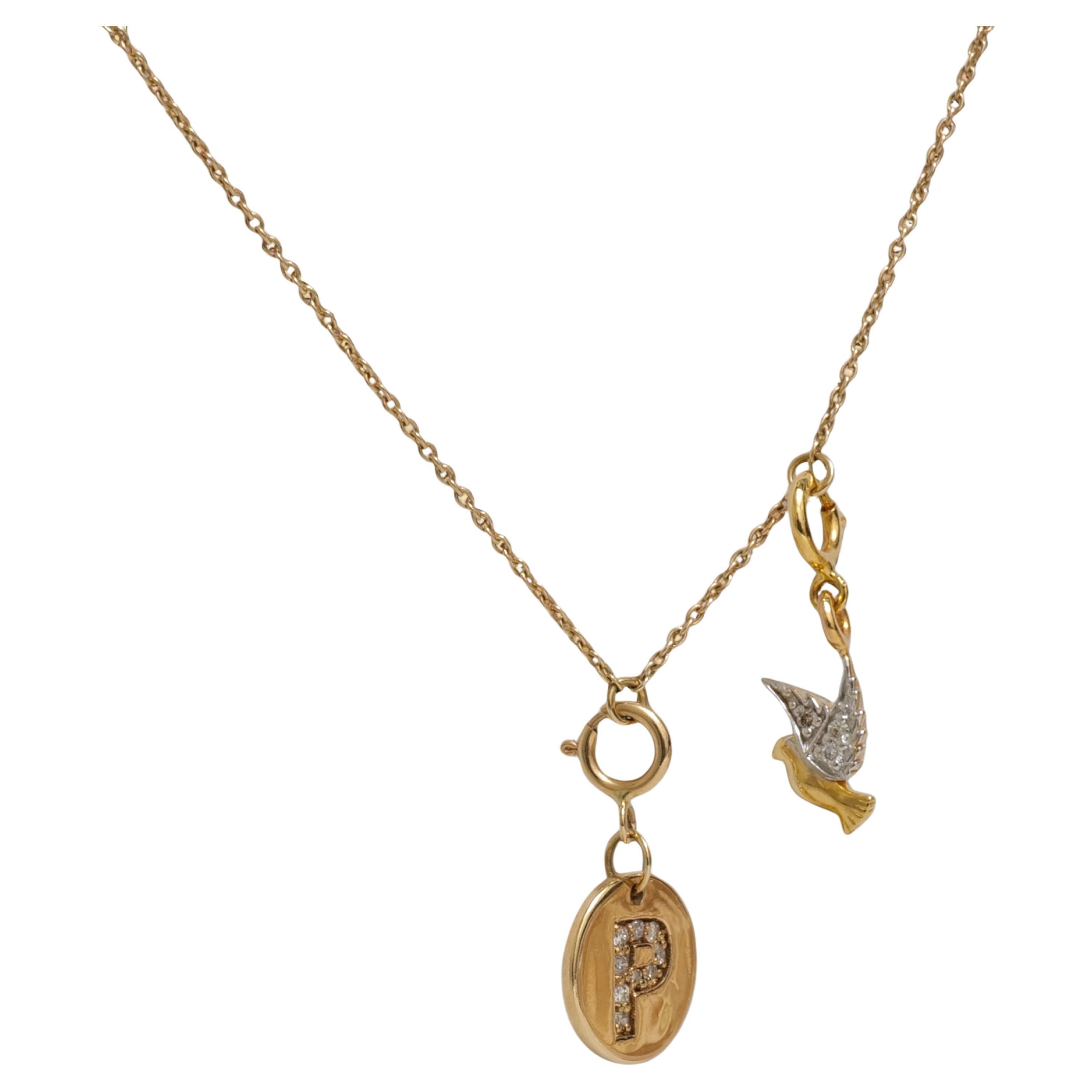 Personalized Initial Bird Charm Diamond Necklace in 14k Solid Gold (Certified)