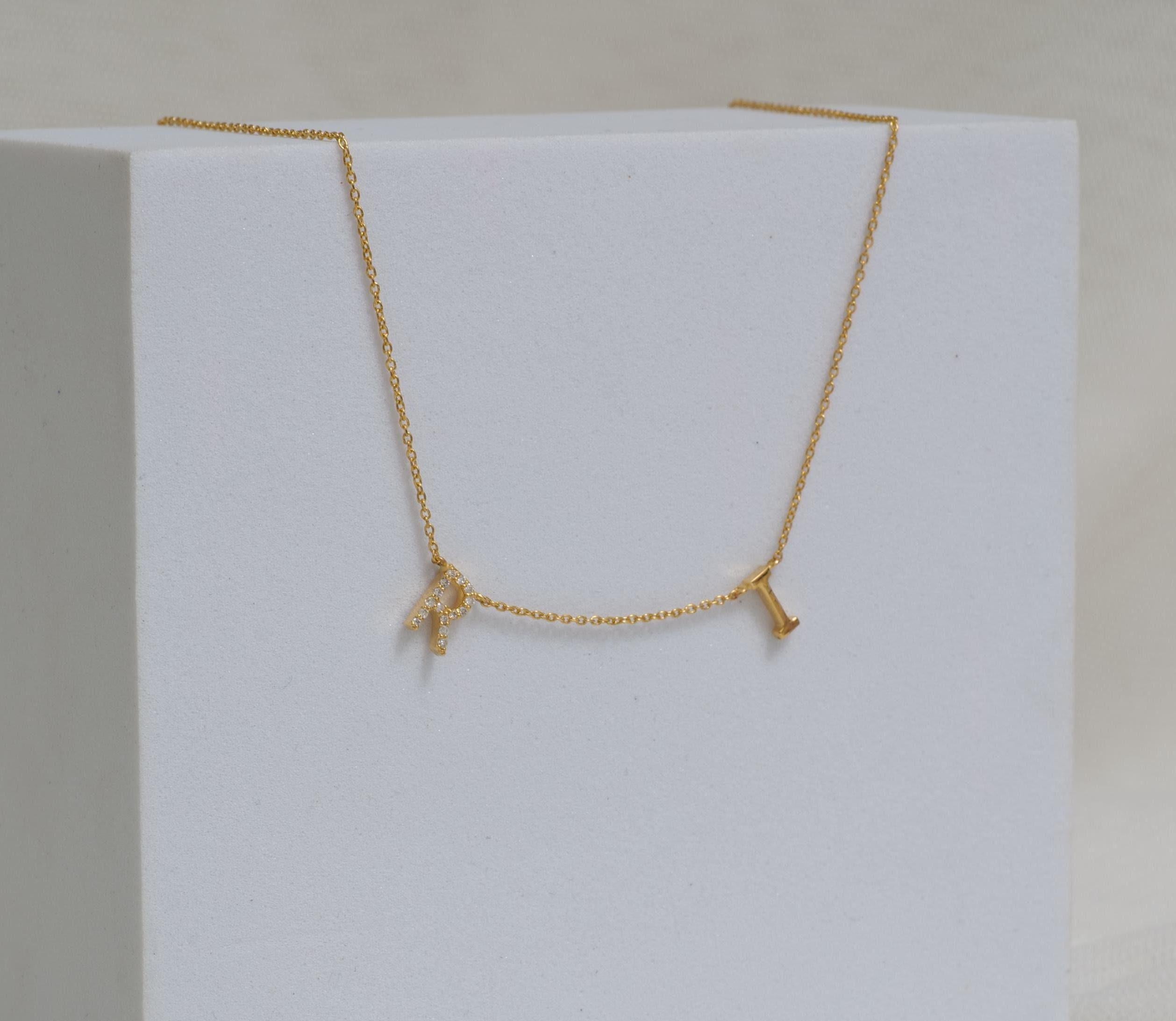 Collar de diamantes con inicial personalizada en oro macizo de 14k (certificado)