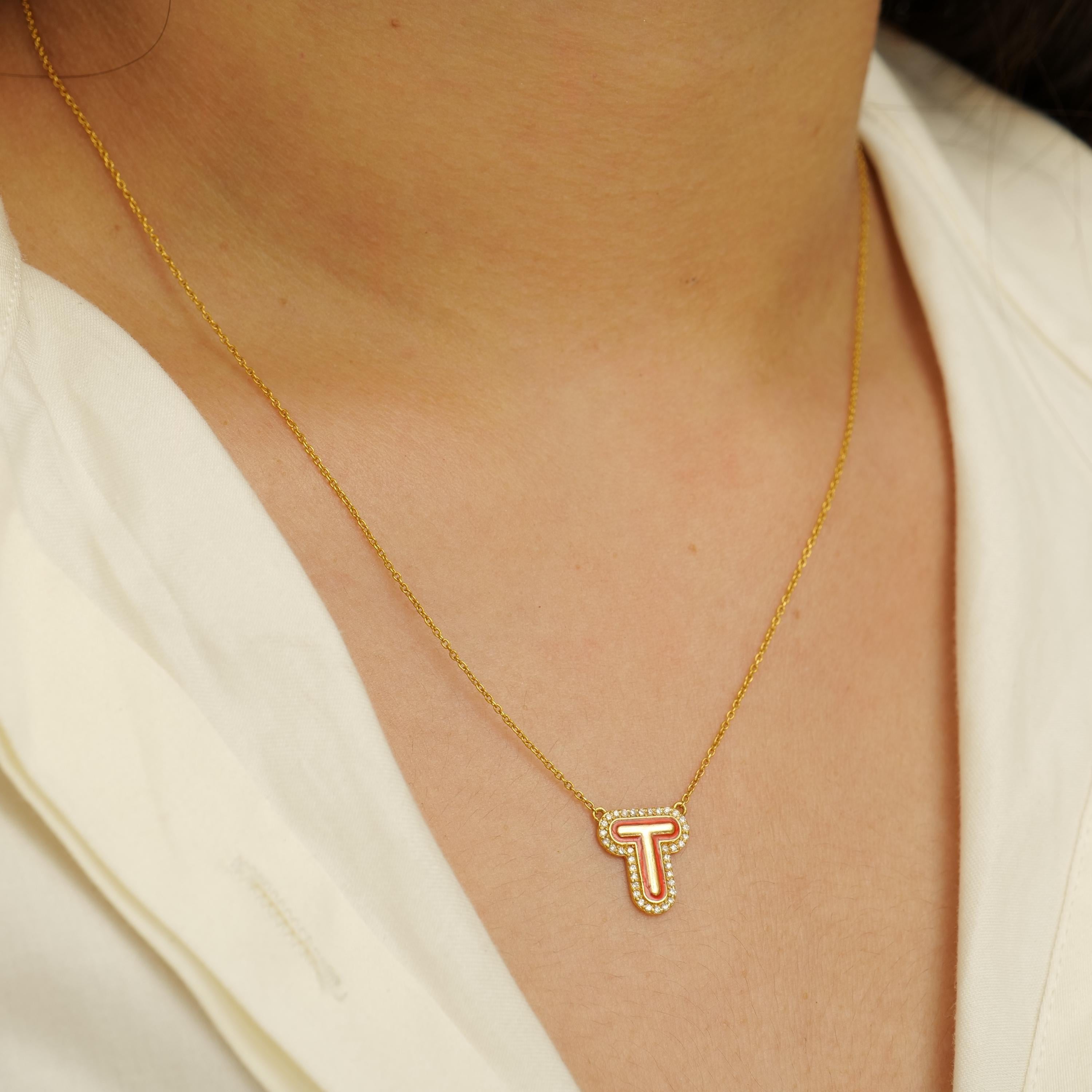 Art Deco Personalized Initial Enamel Layering Necklace in 14K Solid Gold (Certified) For Sale