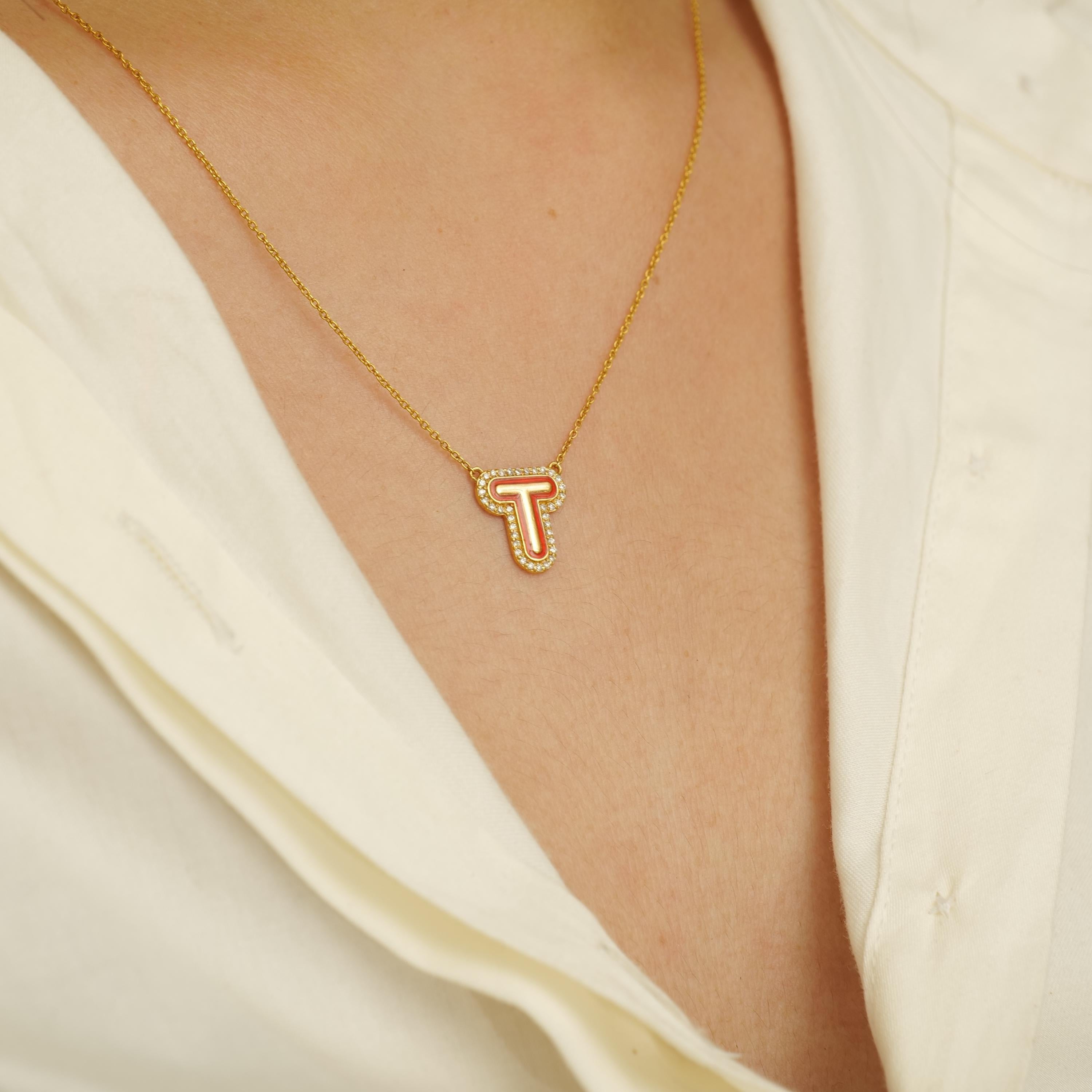 Round Cut Personalized Initial Enamel Layering Necklace in 14K Solid Gold (Certified) For Sale