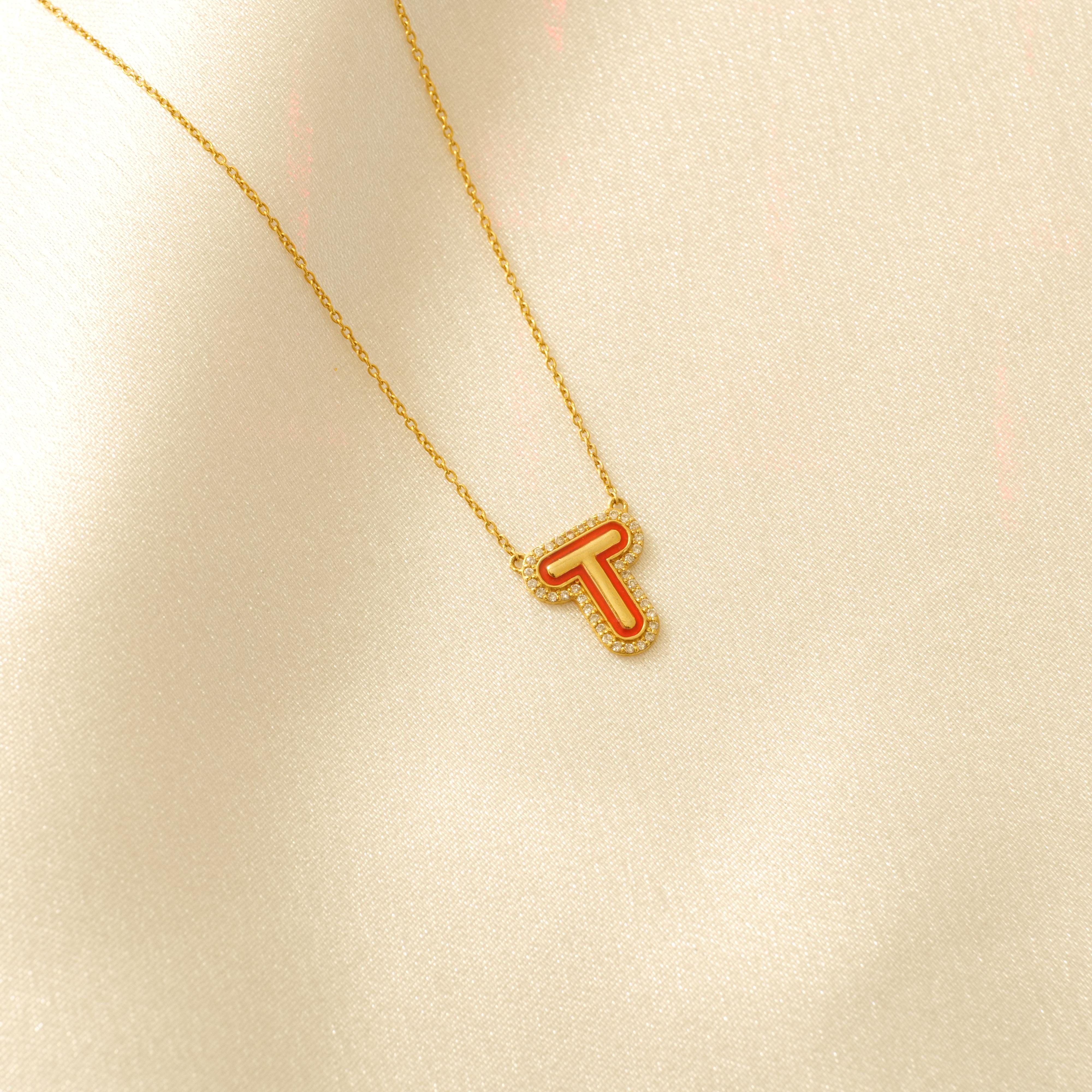 Personalized Initial Enamel Layering Necklace in 14K Solid Gold (Certified) In New Condition For Sale In New Delhi, DL