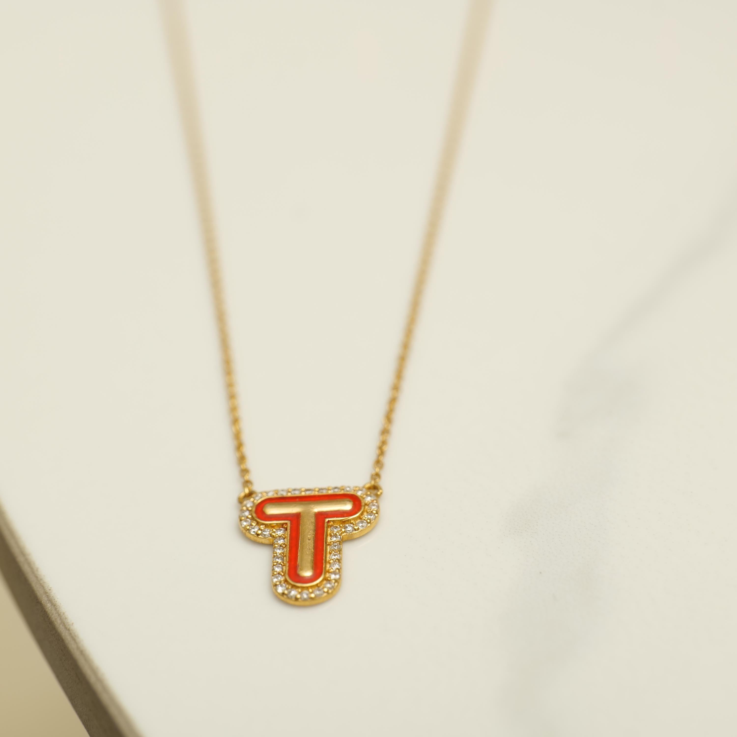 Women's Personalized Initial Enamel Layering Necklace in 14K Solid Gold (Certified) For Sale