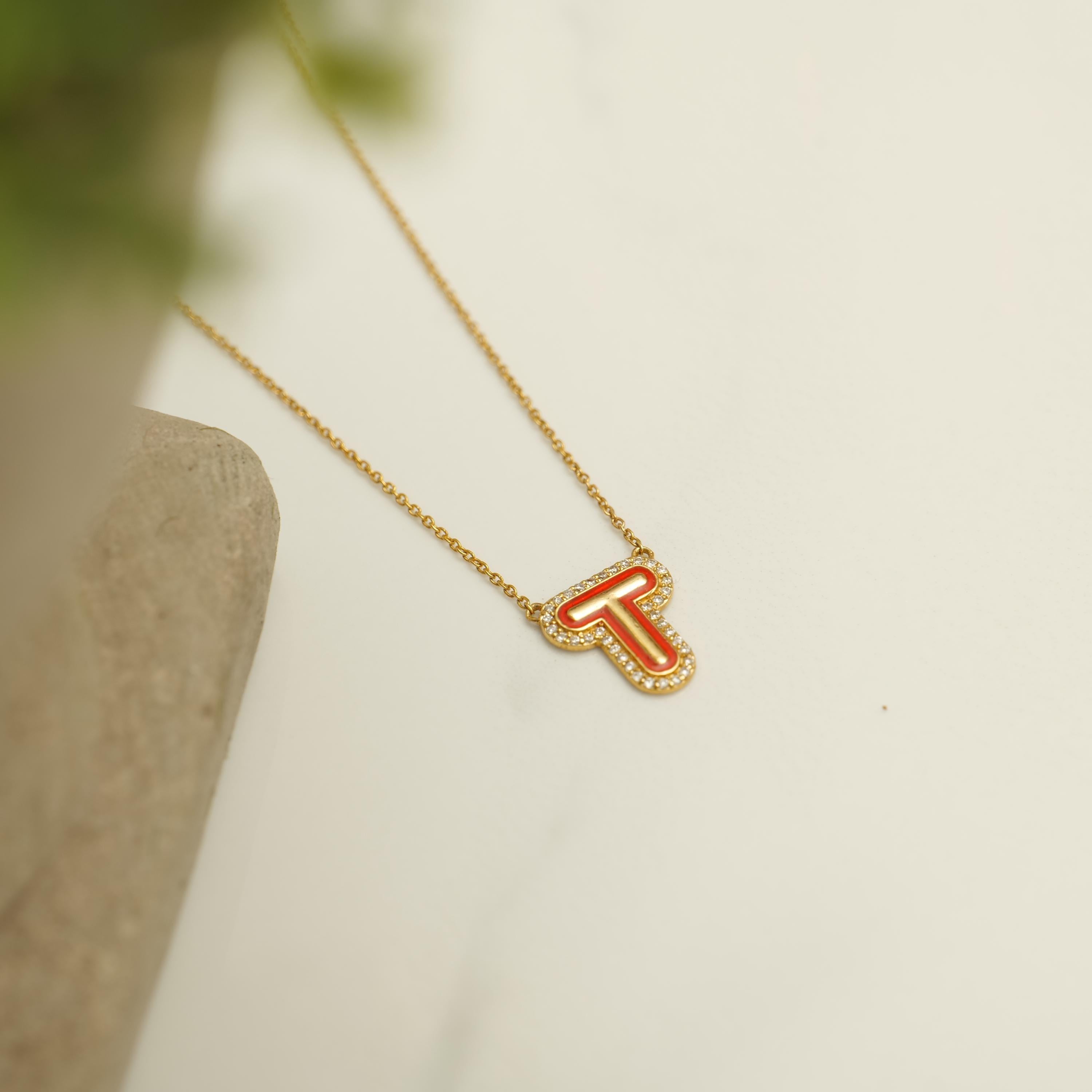 Personalized Initial Enamel Layering Necklace in 14K Solid Gold (Certified) For Sale 1