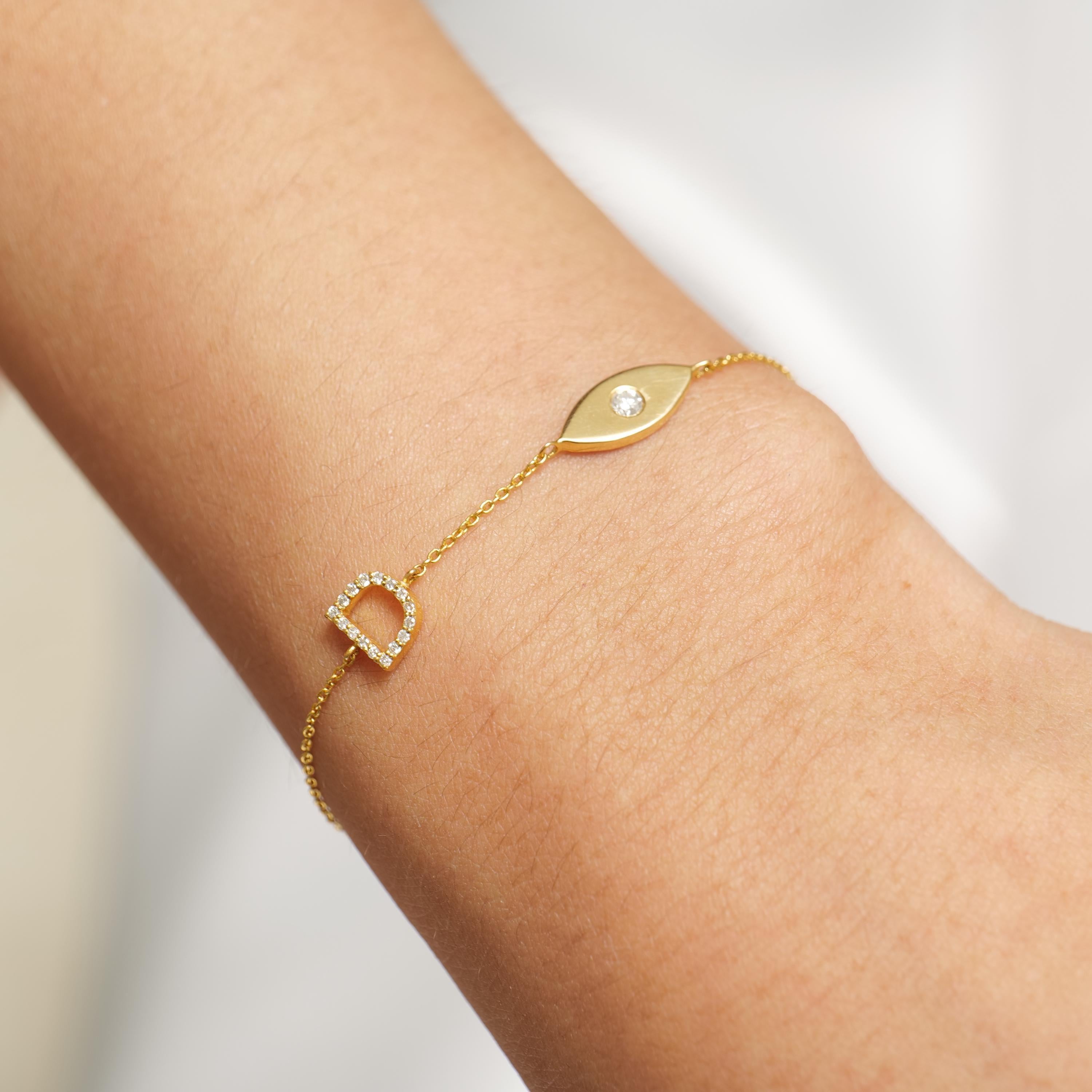 Art Déco Bracciale personalizzato con diamanti a forma di occhio maligno in oro massiccio 14K (certificato) in vendita