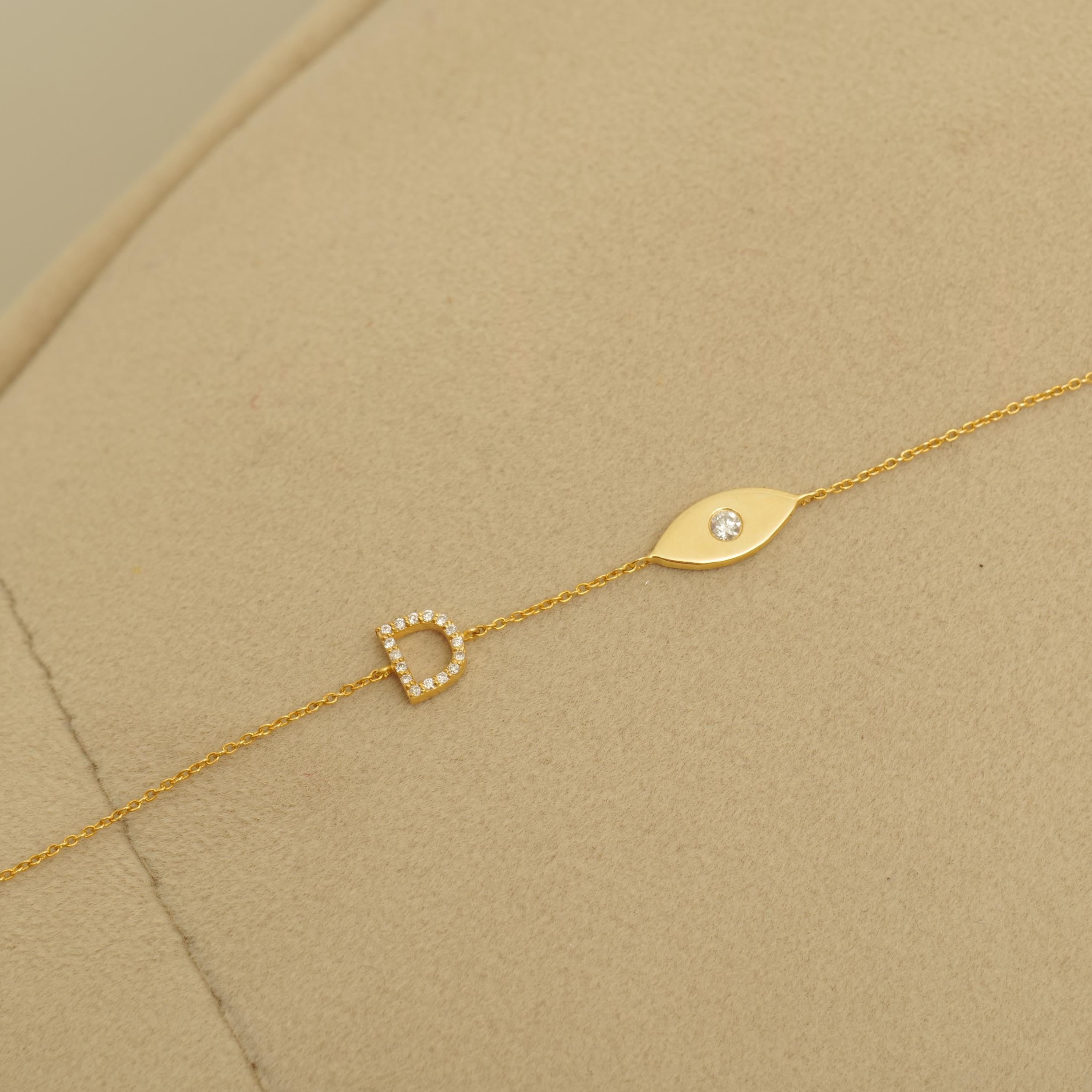 Bracciale personalizzato con diamanti a forma di occhio maligno in oro massiccio 14K (certificato) in vendita 1