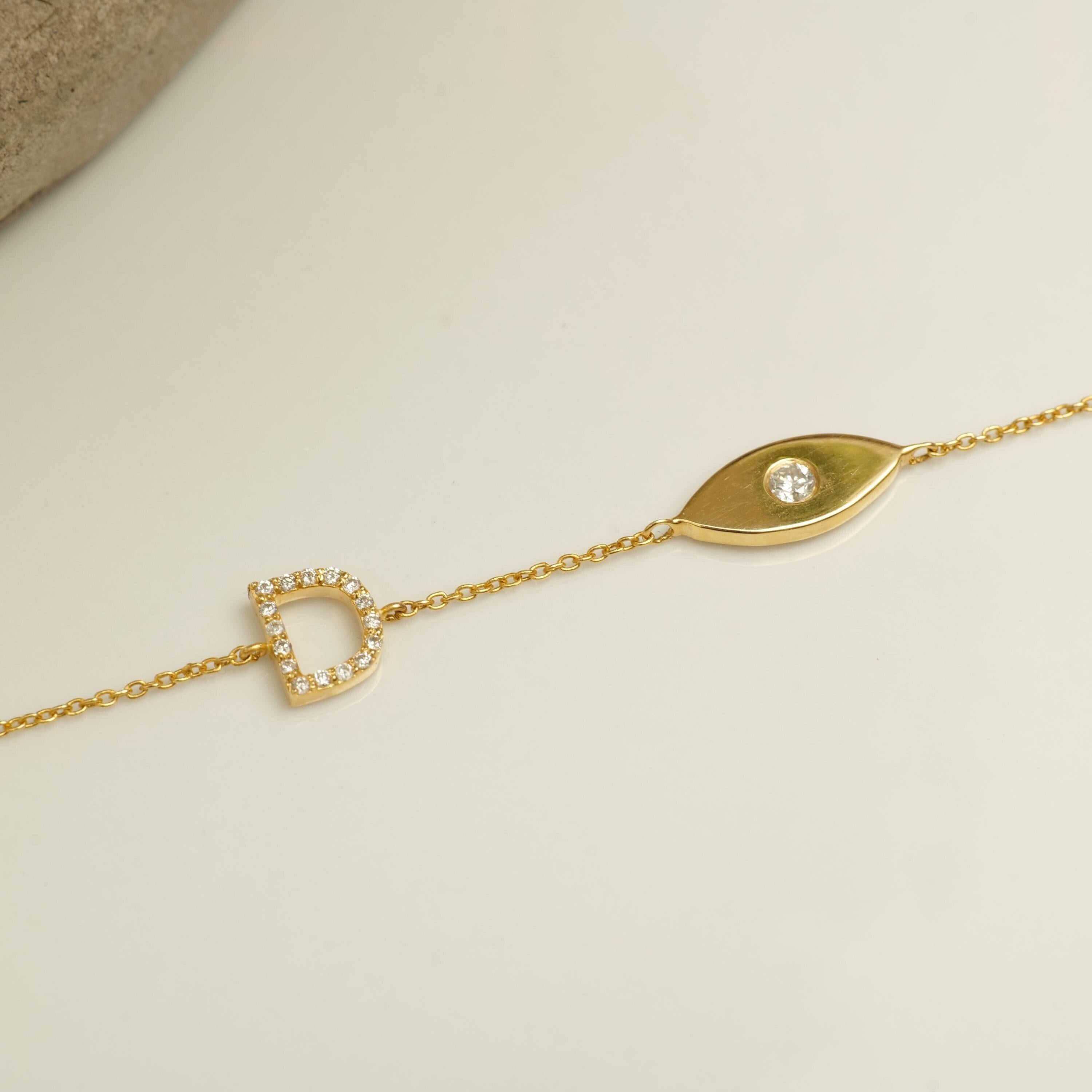 Bracciale personalizzato con diamanti a forma di occhio maligno in oro massiccio 14K (certificato) in vendita