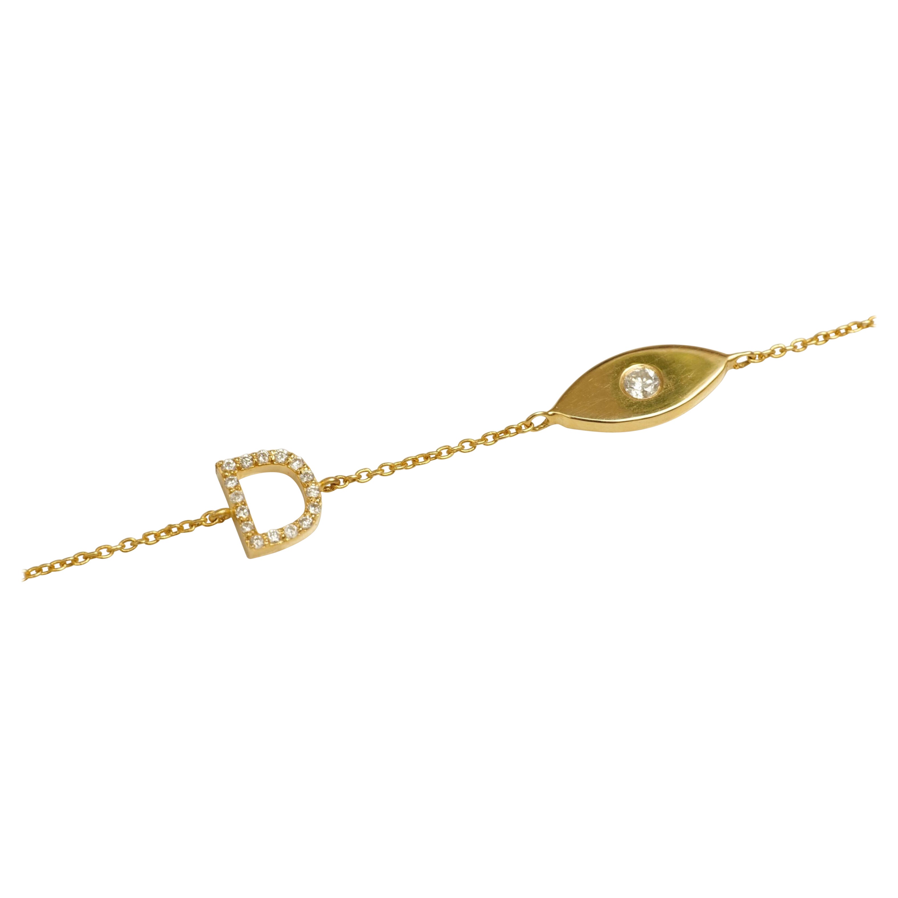 Pulsera personalizada de diamantes con la inicial del mal de ojo en oro macizo de 14 quilates (certificado)