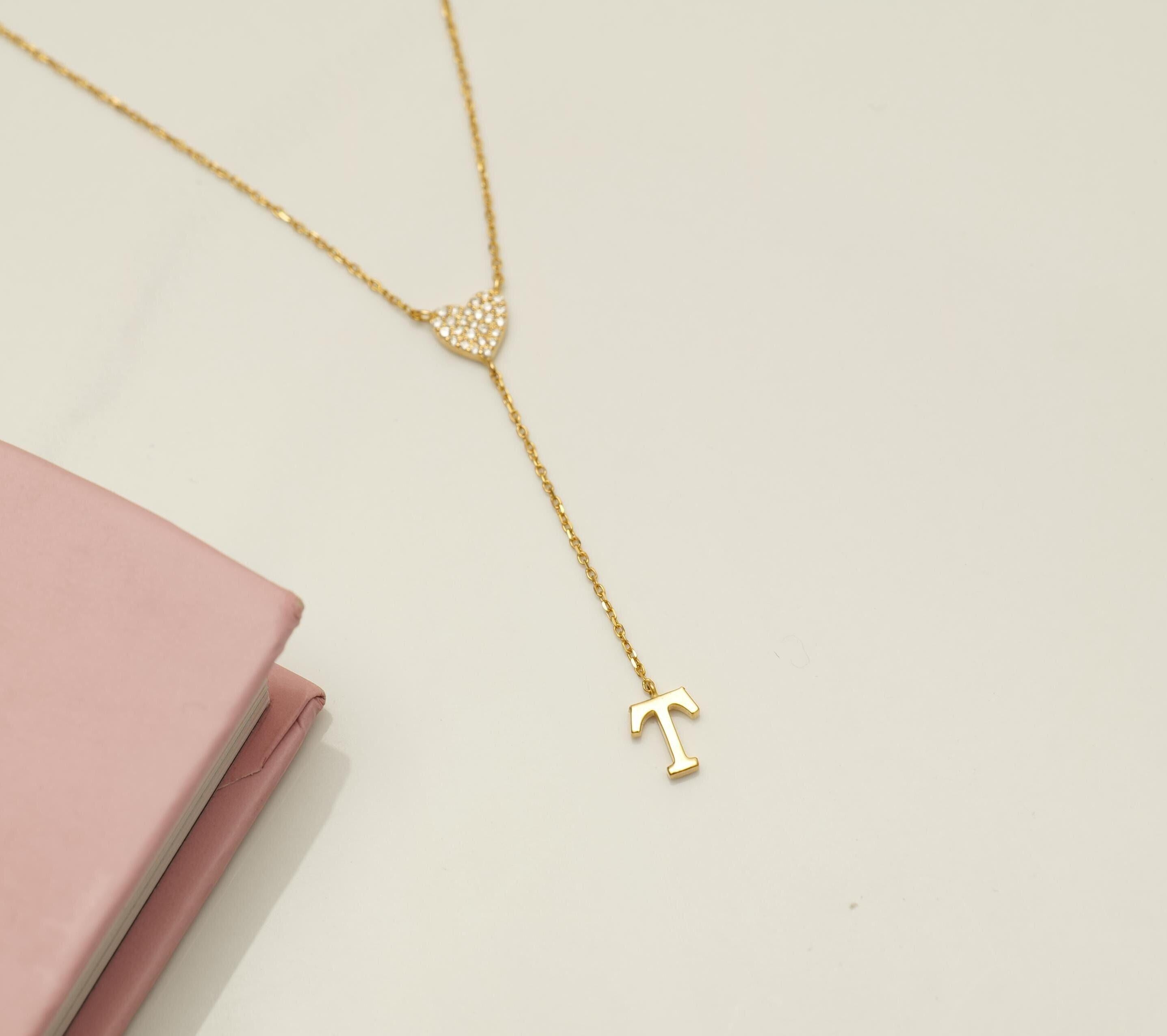 Personalisierte Initiale Herz Lariat Diamant-Halskette in 14k massivem Gold (zertifiziert)
