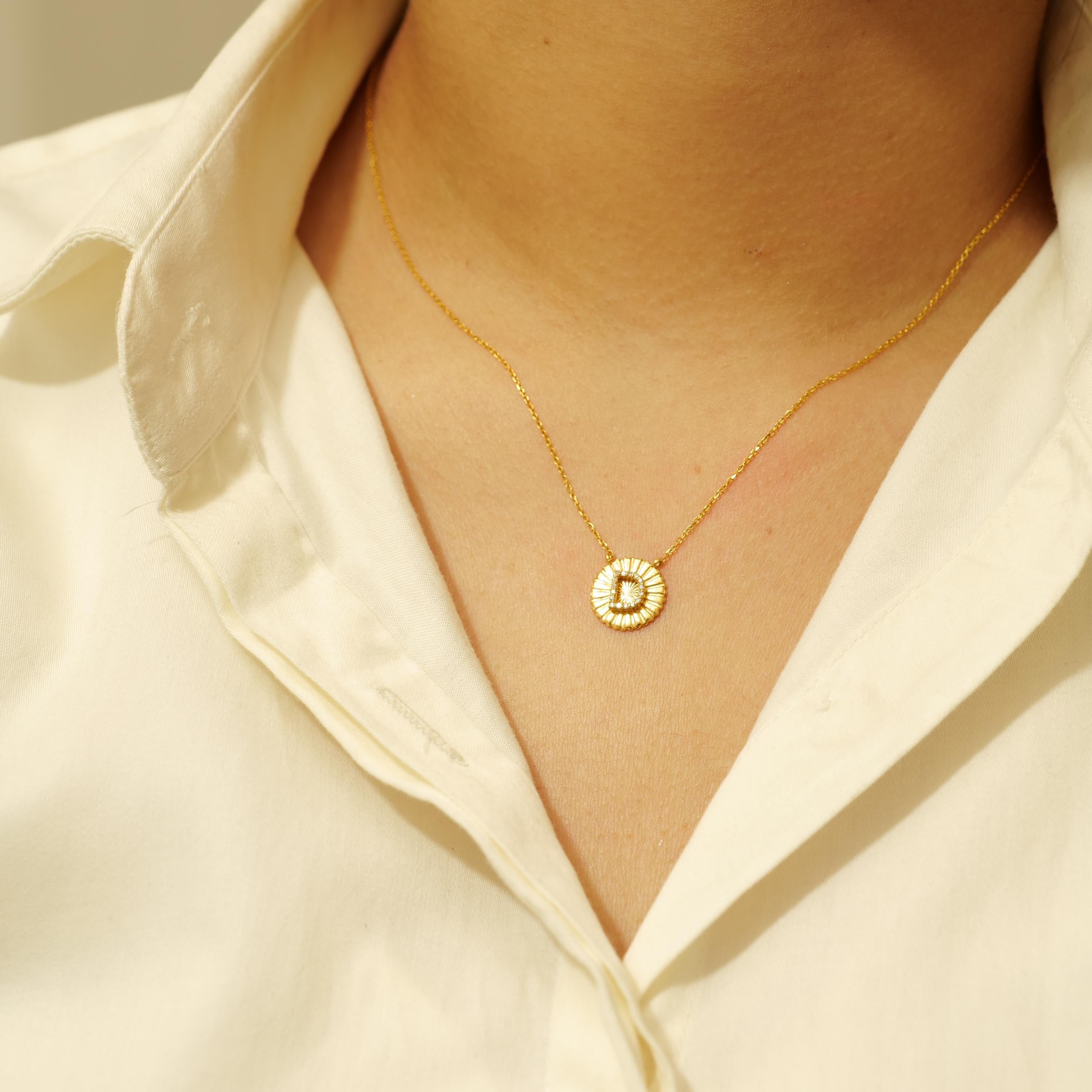 Art Deco Personalized Initial Medallion Diamond Necklace in 14k Solid Gold (Certified) For Sale