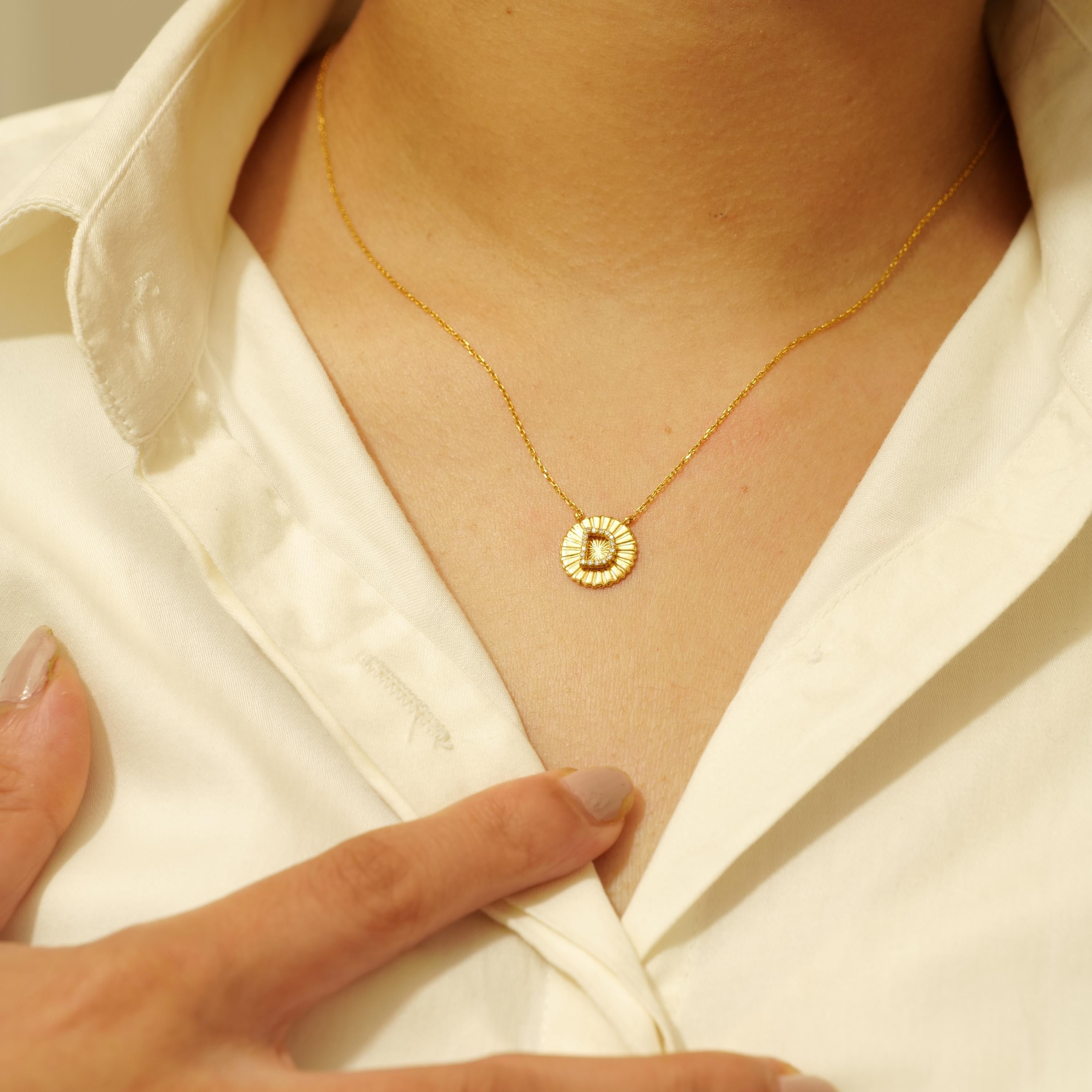 Round Cut Personalized Initial Medallion Diamond Necklace in 14k Solid Gold (Certified) For Sale