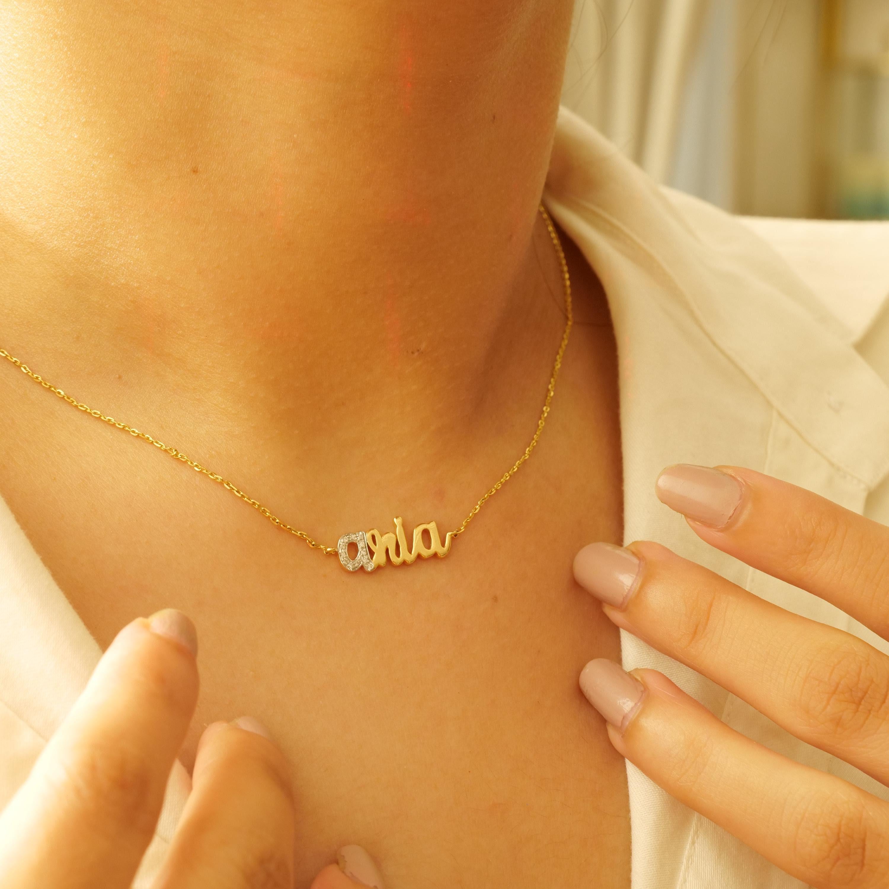 Art Deco Personalized Name Diamond Two Toned Necklace in 14k Solid Gold (Certified) For Sale