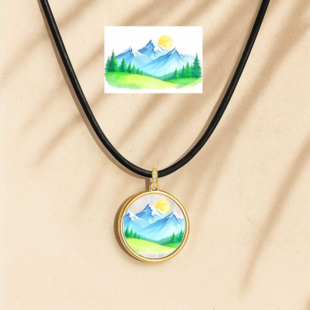 Personalisierter Anhänger für einen besonderen Ort. Anhänger für Reisende. Landschaftlicher Anhänger. Montains-Anhänger. Halskette von Homeplace. 
Porträt-Anhänger, Halskette für Frauen, Silber 925, geschnitztes Perlmutt.

Individuelles Foto, Bild